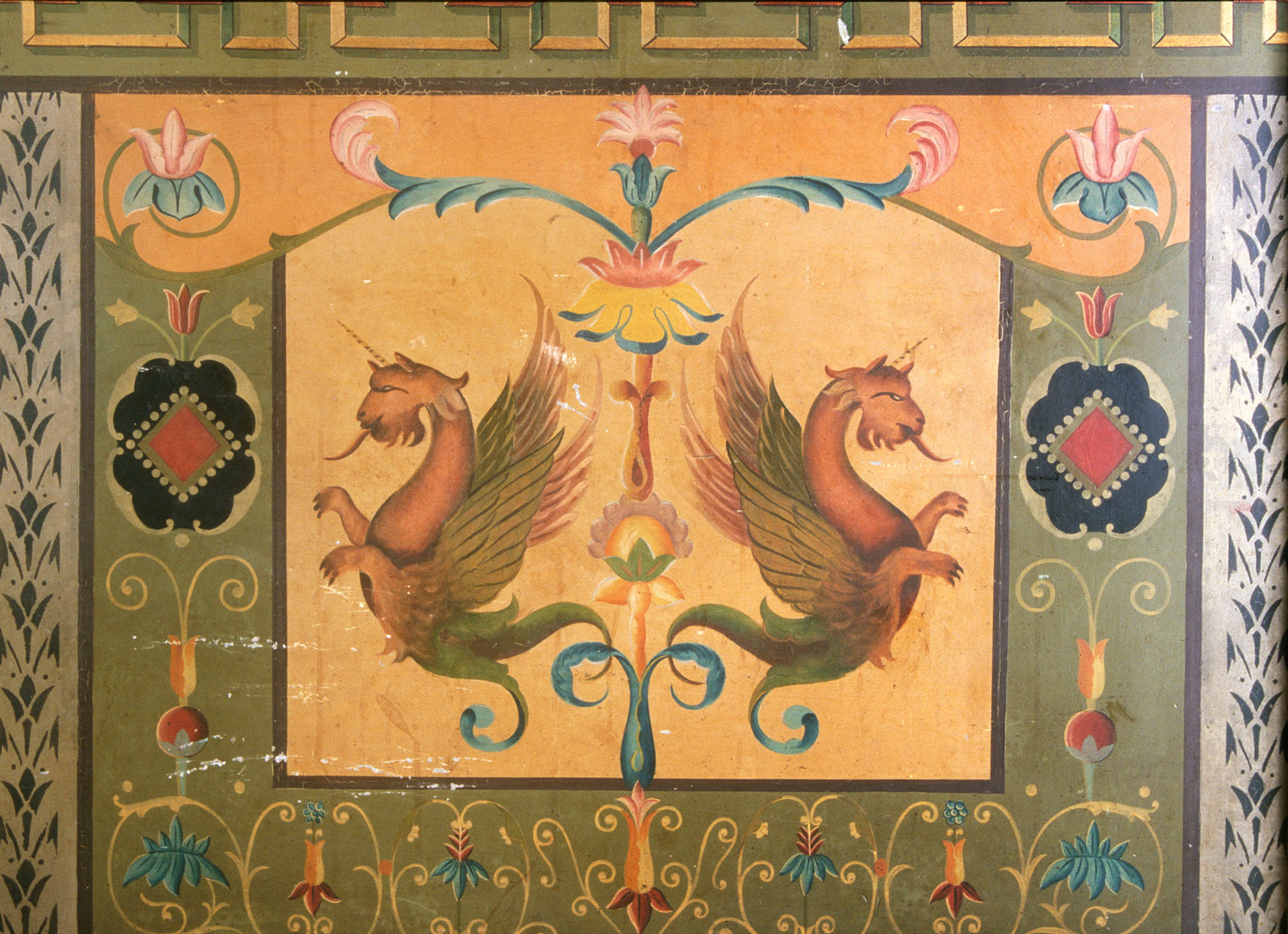 Detail from the dado in the entrance hall of house Valetta, 89 Crystal Street Petersham, showing painted decoration of a pair of mythical creatures (similar to griffins/gryphons).