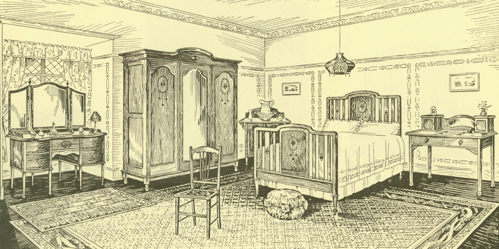 Illustration of a bedroom with a bed and wardrobe