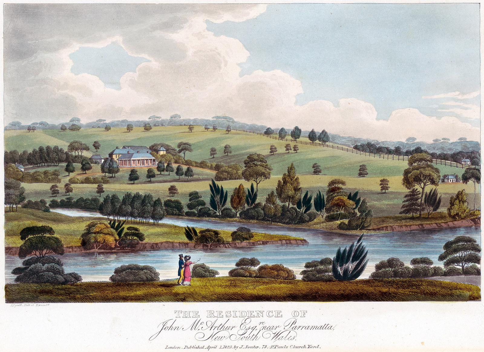 Coloured panoramic view of house across river.