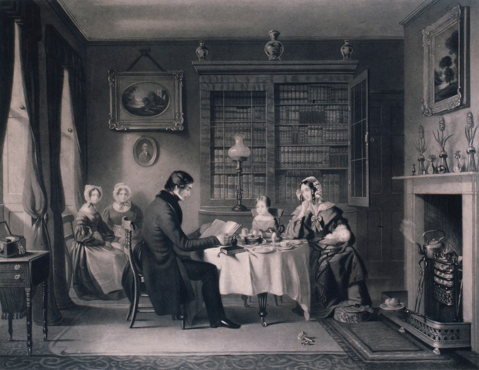A very formal Victorian family sitting down to breakfast in a 19th century dining room with the females sitting back watching the important male figure quietly reading a newspaper. There are pictures on the wall and elaborate furniture in the room.