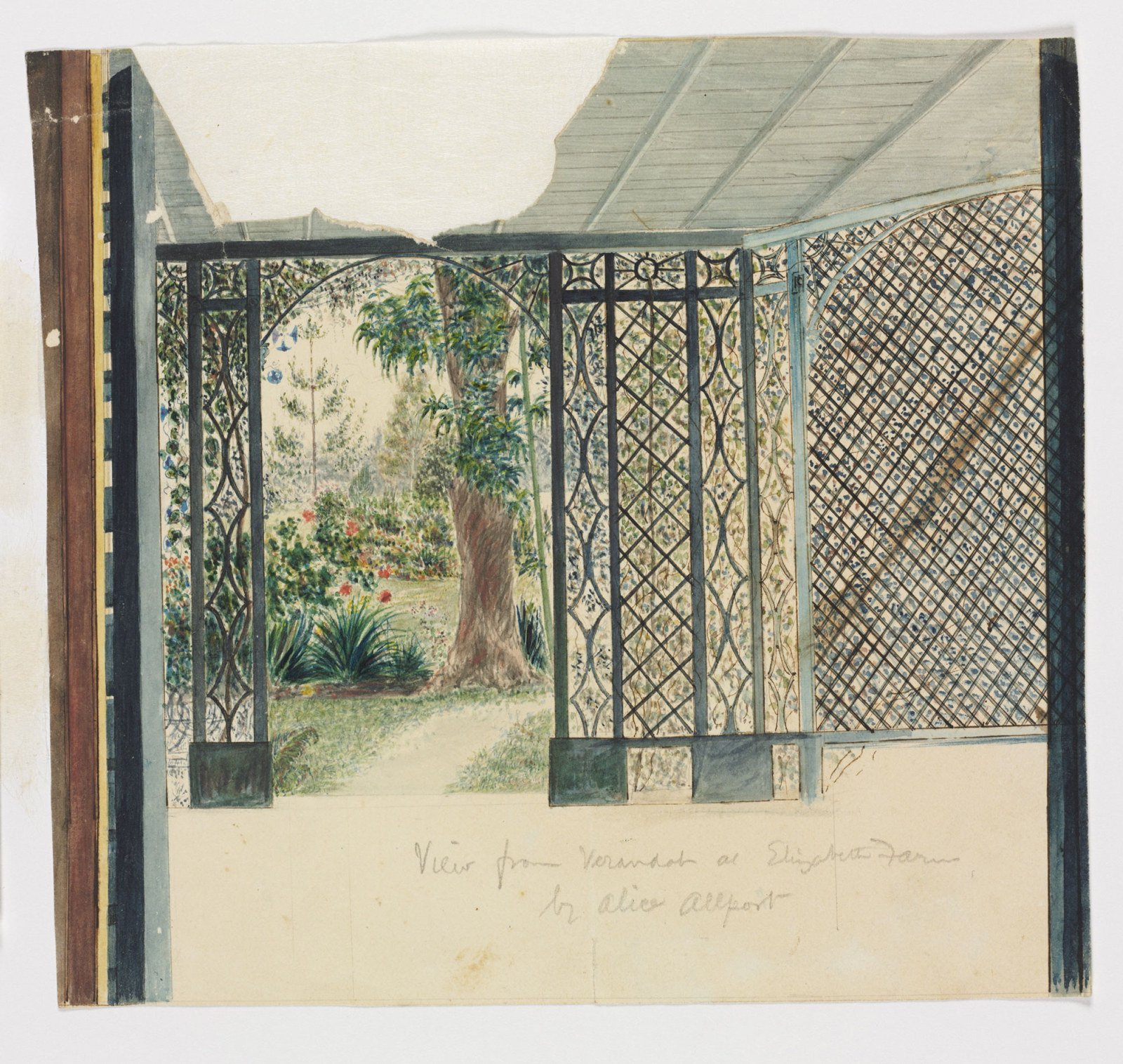 Illustrated view of garden through ornate trellis work.