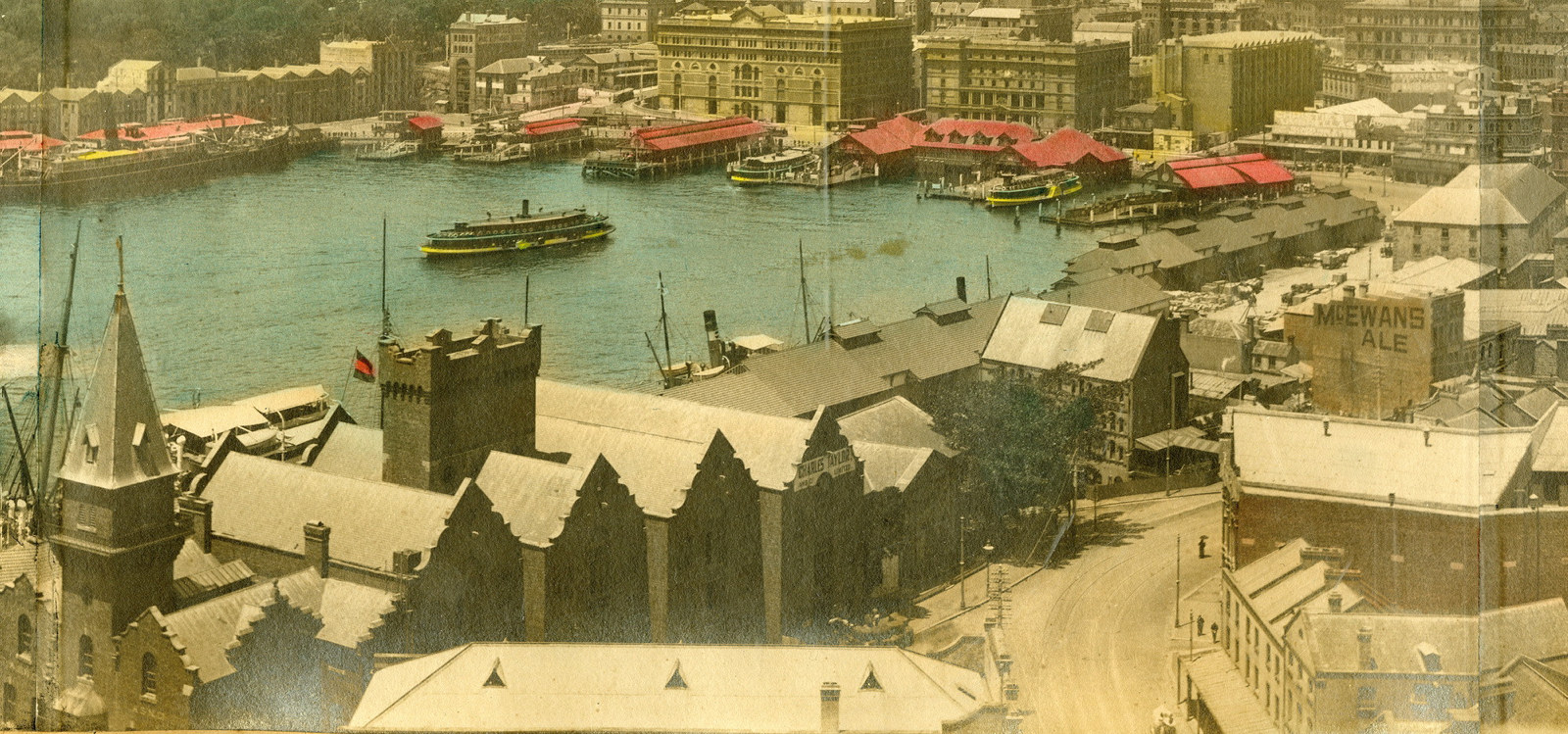 Hand coloured panoramic view from above of foreshores with ferries, quays and warehouses.