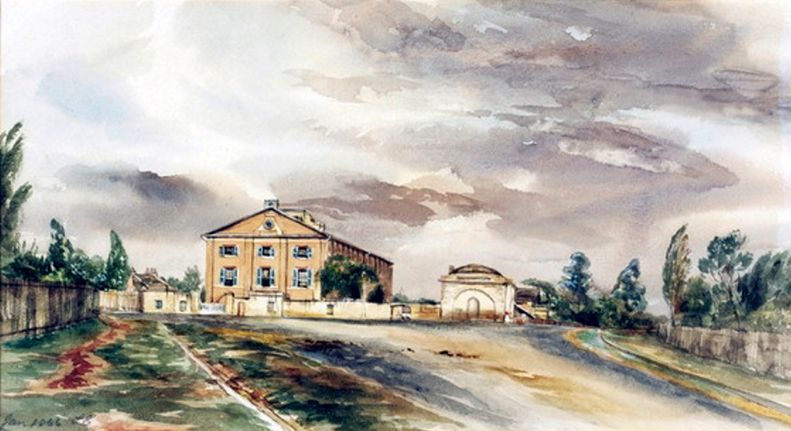 Painting of barracks.
