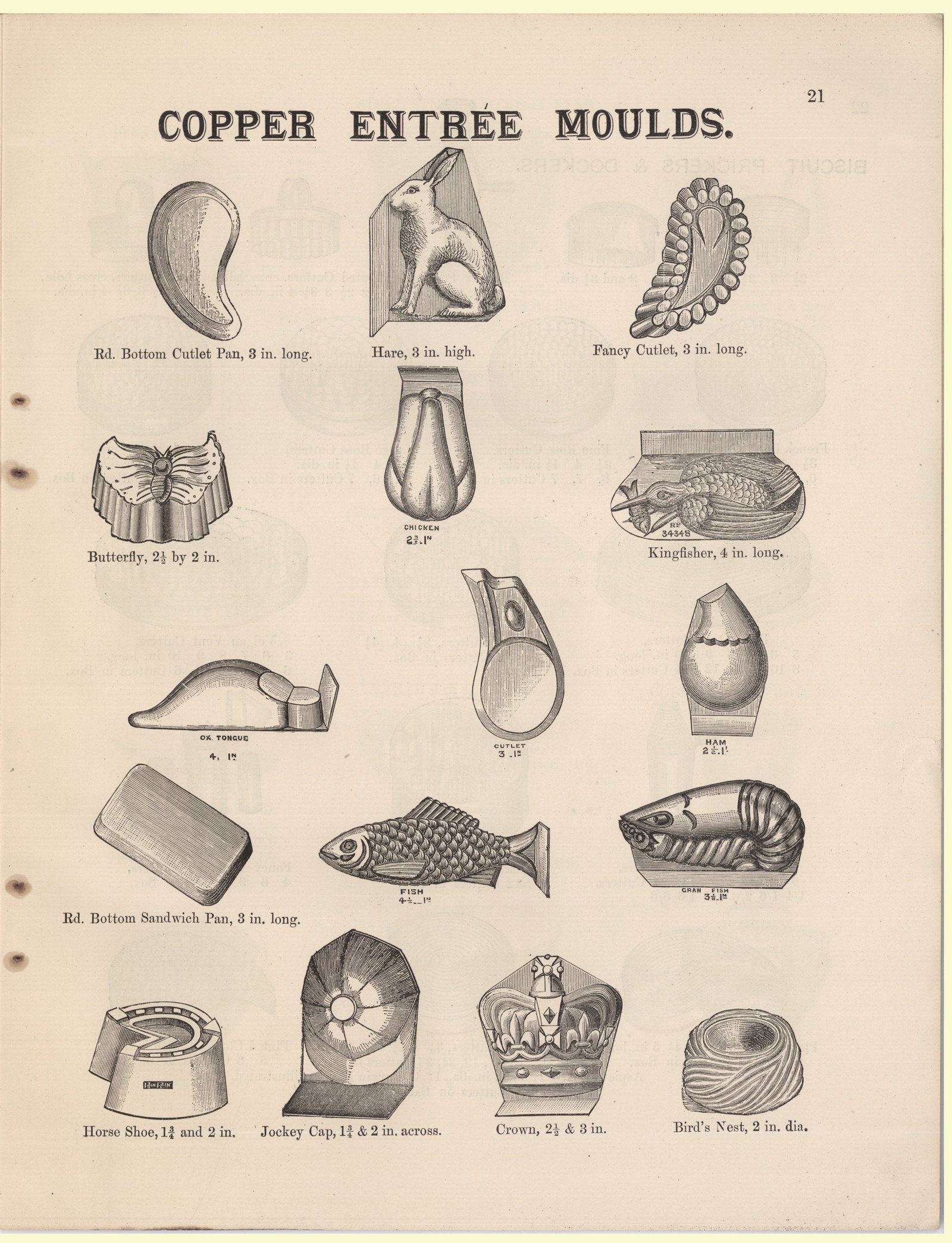 Page from book showing sixteen different entree mould shapes.