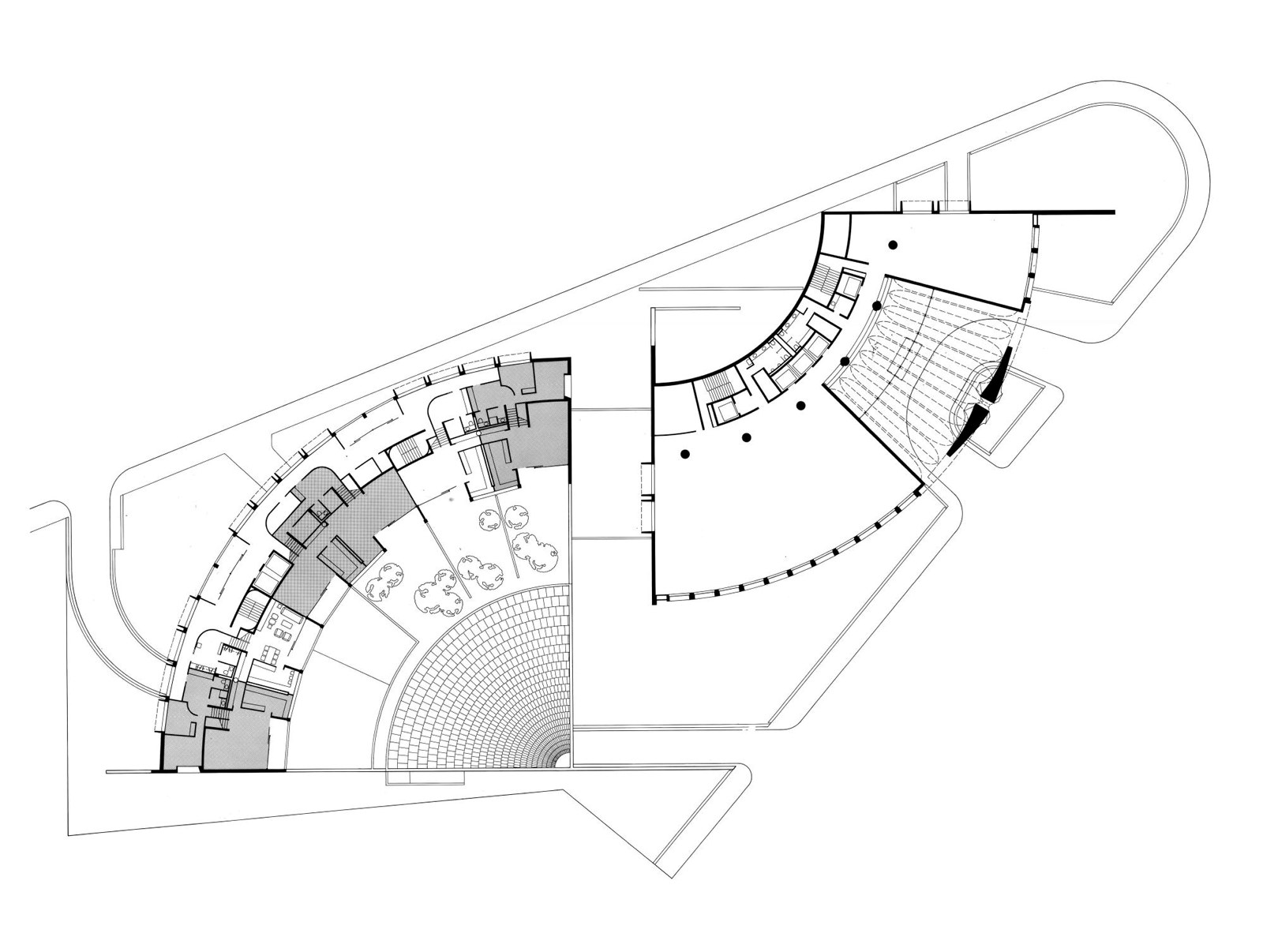 This is a digital image of the floor plan of a building based on the shape of two curving quadrants