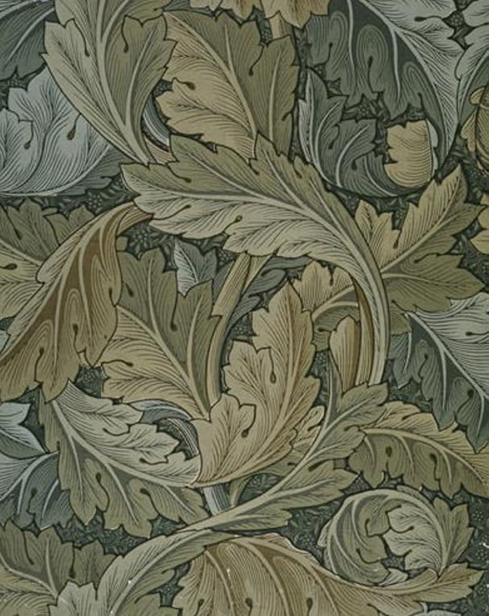 varying colours of green acanthus leaves overlapping to create a wallpaper.