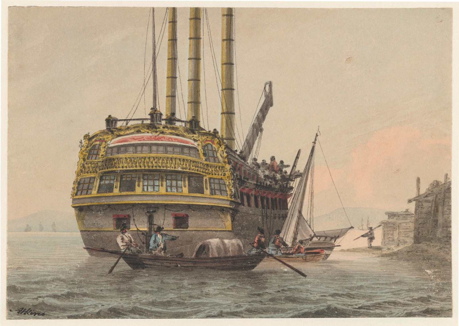 Watercolour of convict hulk with smaller boats carrying convicts in foreground