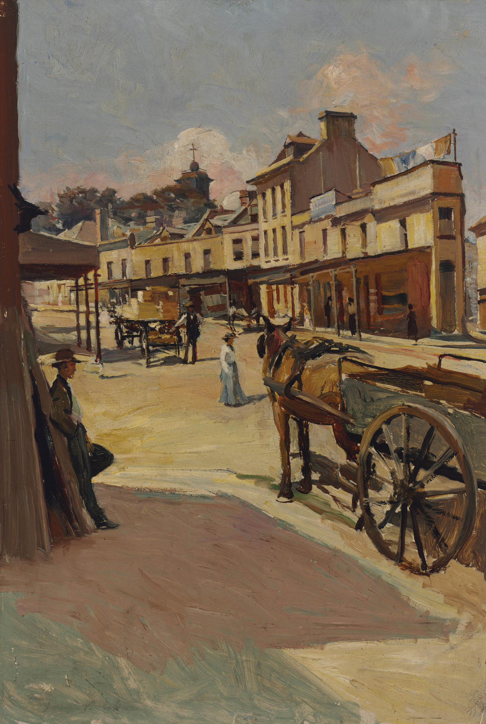 Painting of street scene. A harose and cart wait in the foreground and figures are shown going about their business in the shops shown in the painting's background.