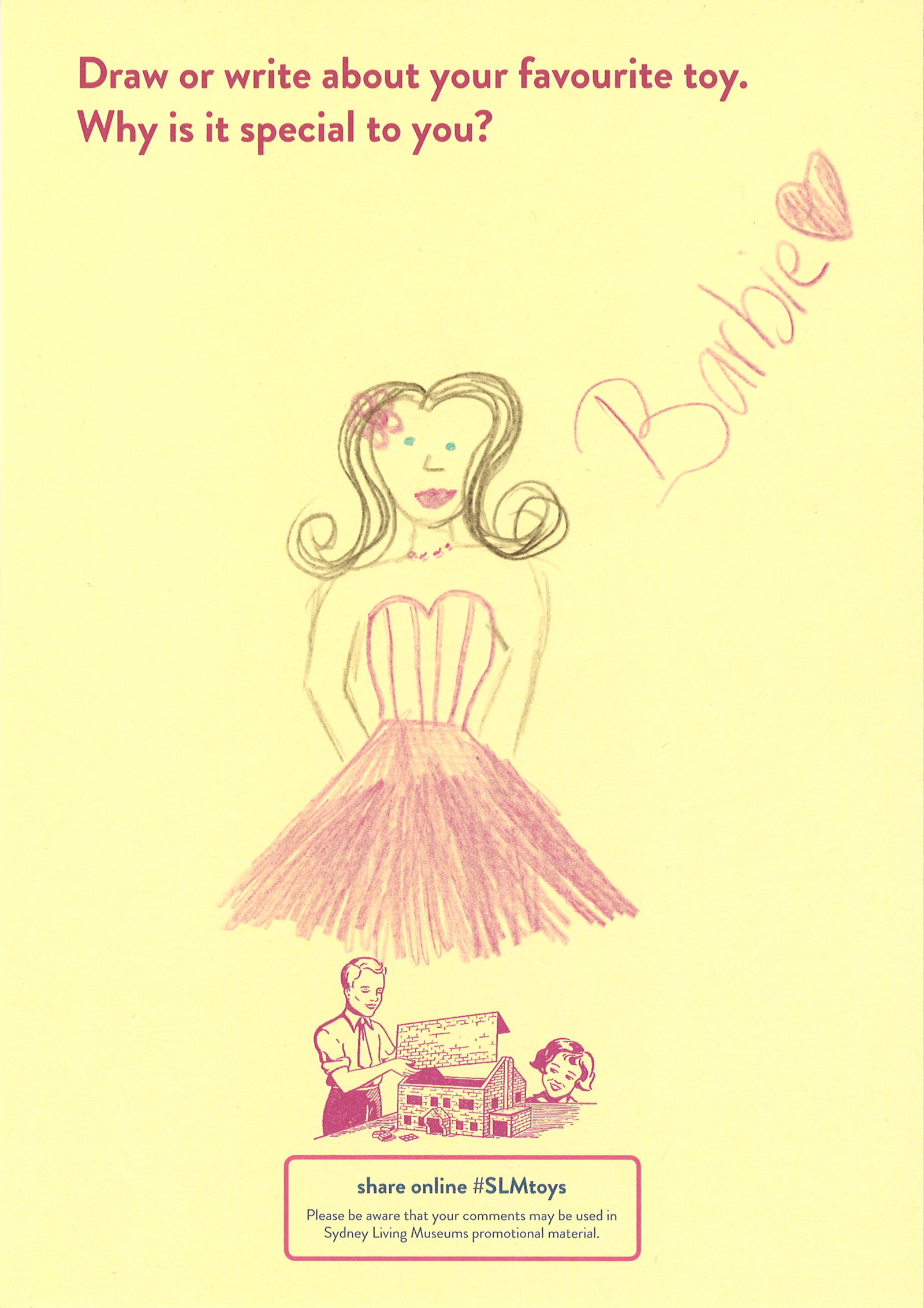 A Child's drawing of a barbie in pretty pink dress
