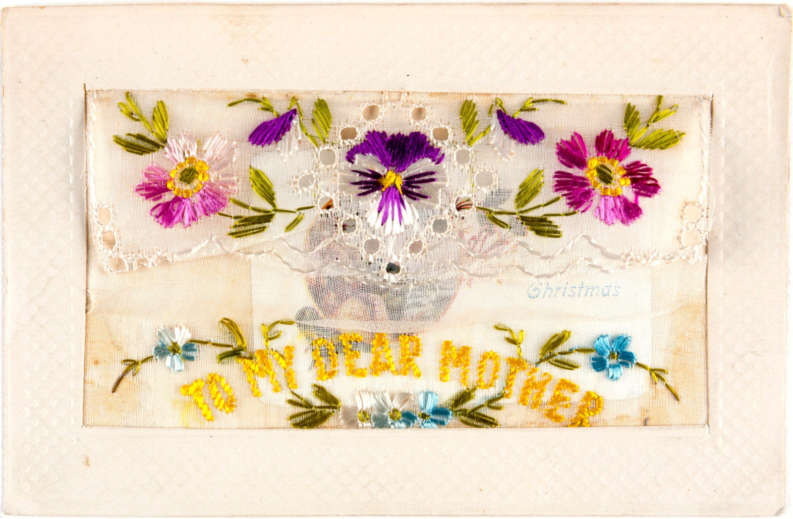 Embroidered silk postcard addressed to Adelaide (Ada) Gallagher from her son Frank [1915]