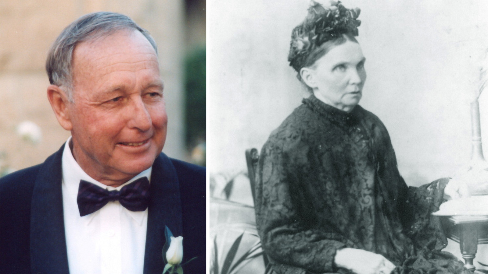 Combined photo portrait featuring contemporary image of man tuxedo and historic photo of woman seated, wearing formal black buttoned up dress and hat.