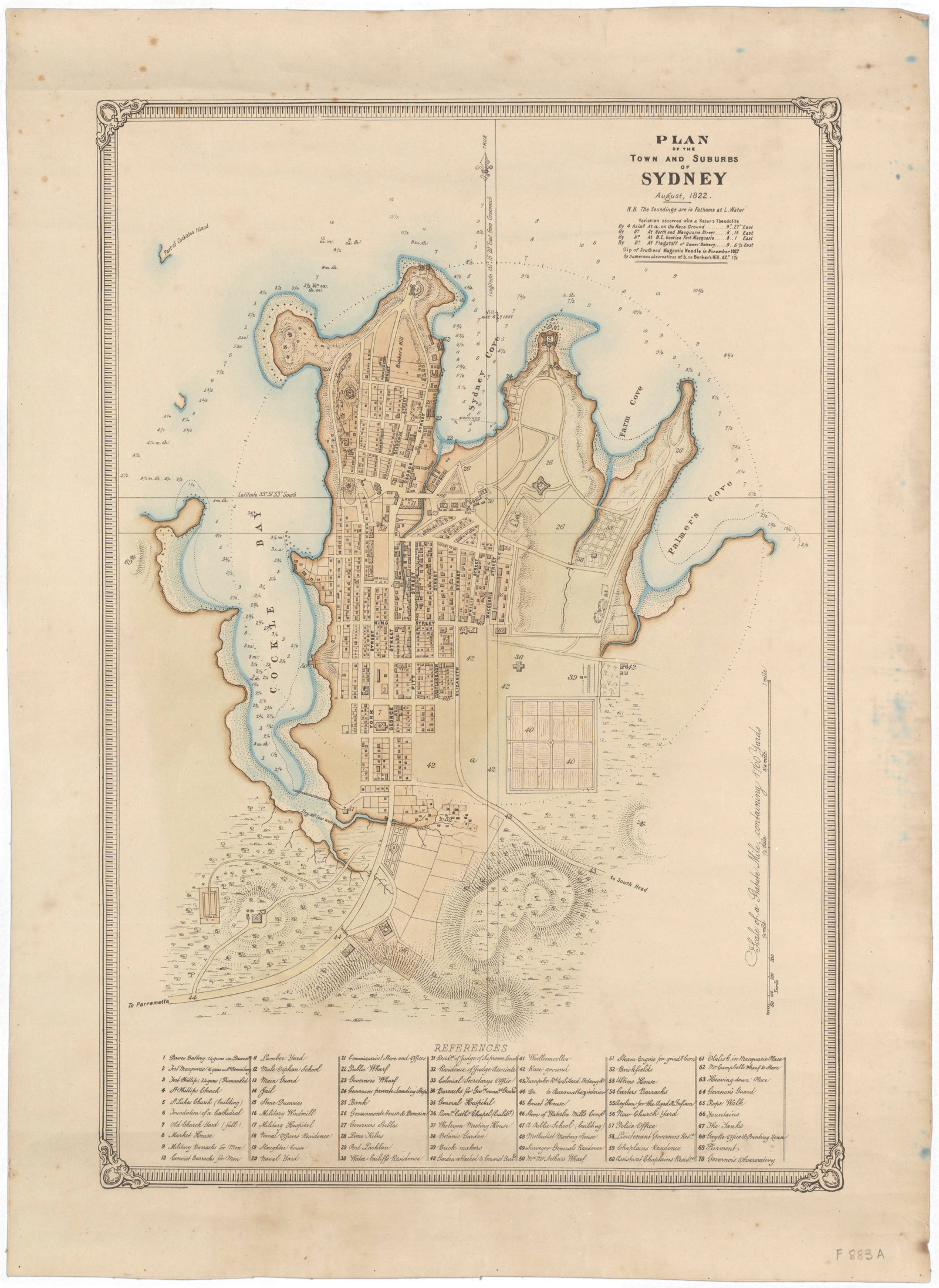 Early map of Sydney from 1822, dark lines on browned paper