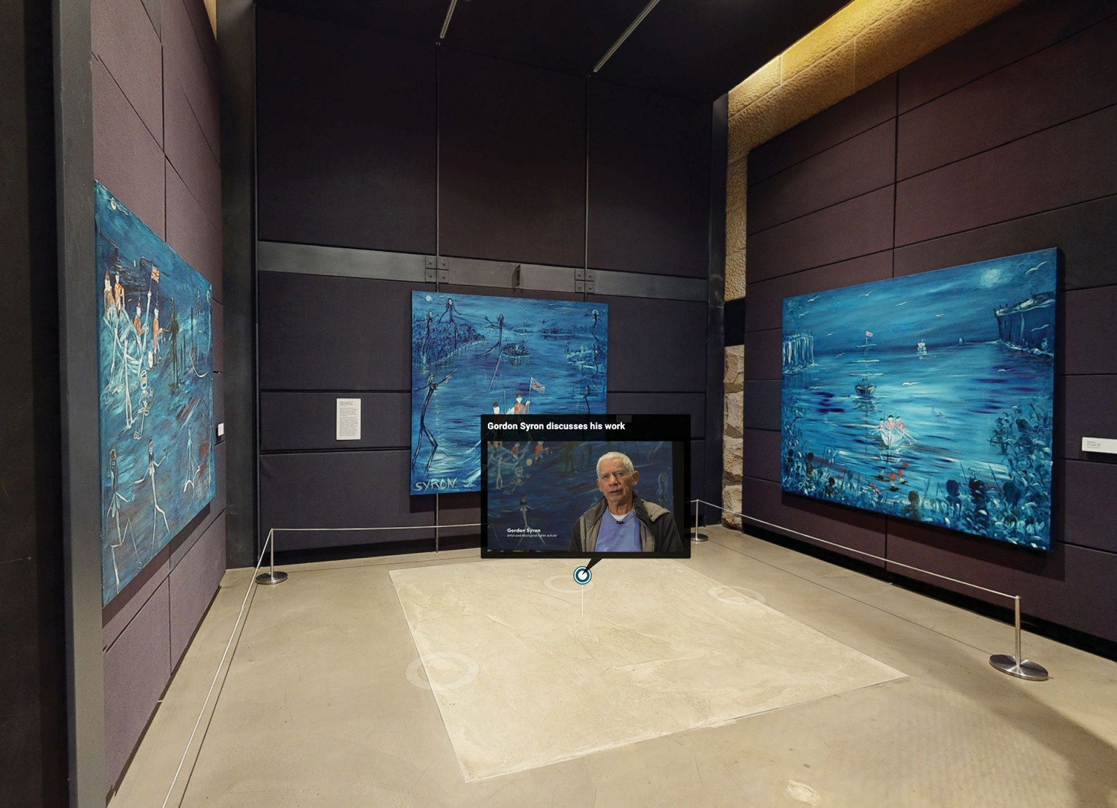 Gallery showing three large blue paintings from the Invasion series by Gordon Syron