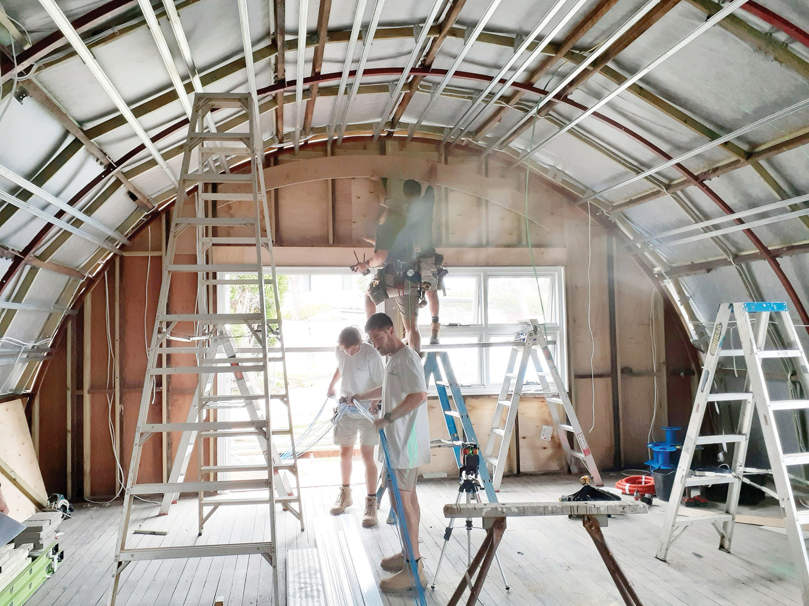 Builders make progress with new ceiling linings and fit-out in the Nissen Hut