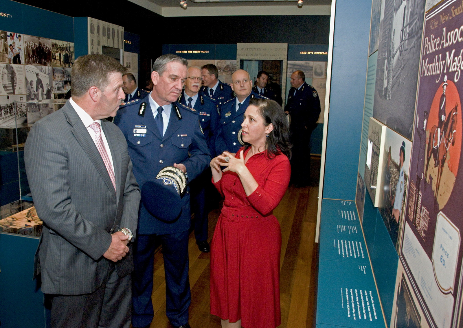 Minister for NSW Police The Hon Michael Gallacher, Commissioner for NSW Police, Andrew Scipione and HHT curator Anna Cossu at the Justice and Police Museum