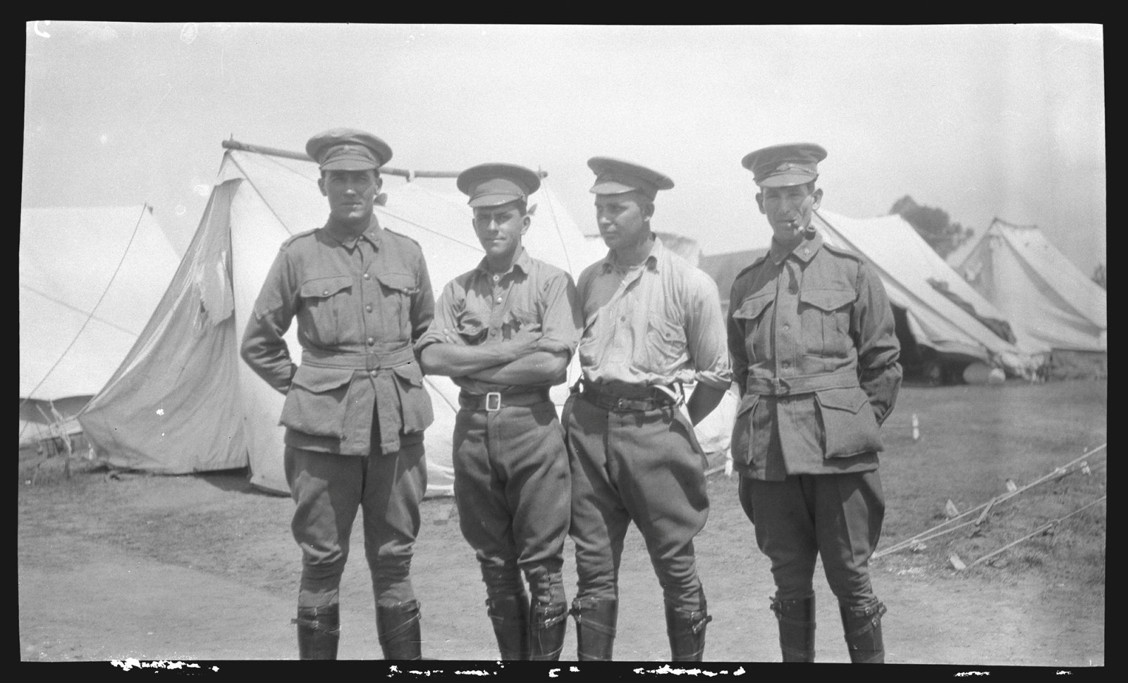 Members of the 1st AIF Mining Corps at Holsworthy training camp, February 1916. Left to right: Sapper Bill Goode, Sapper Bob Barnet, Corporal Oswald Ochs, Sapper Edgar Hicks. 