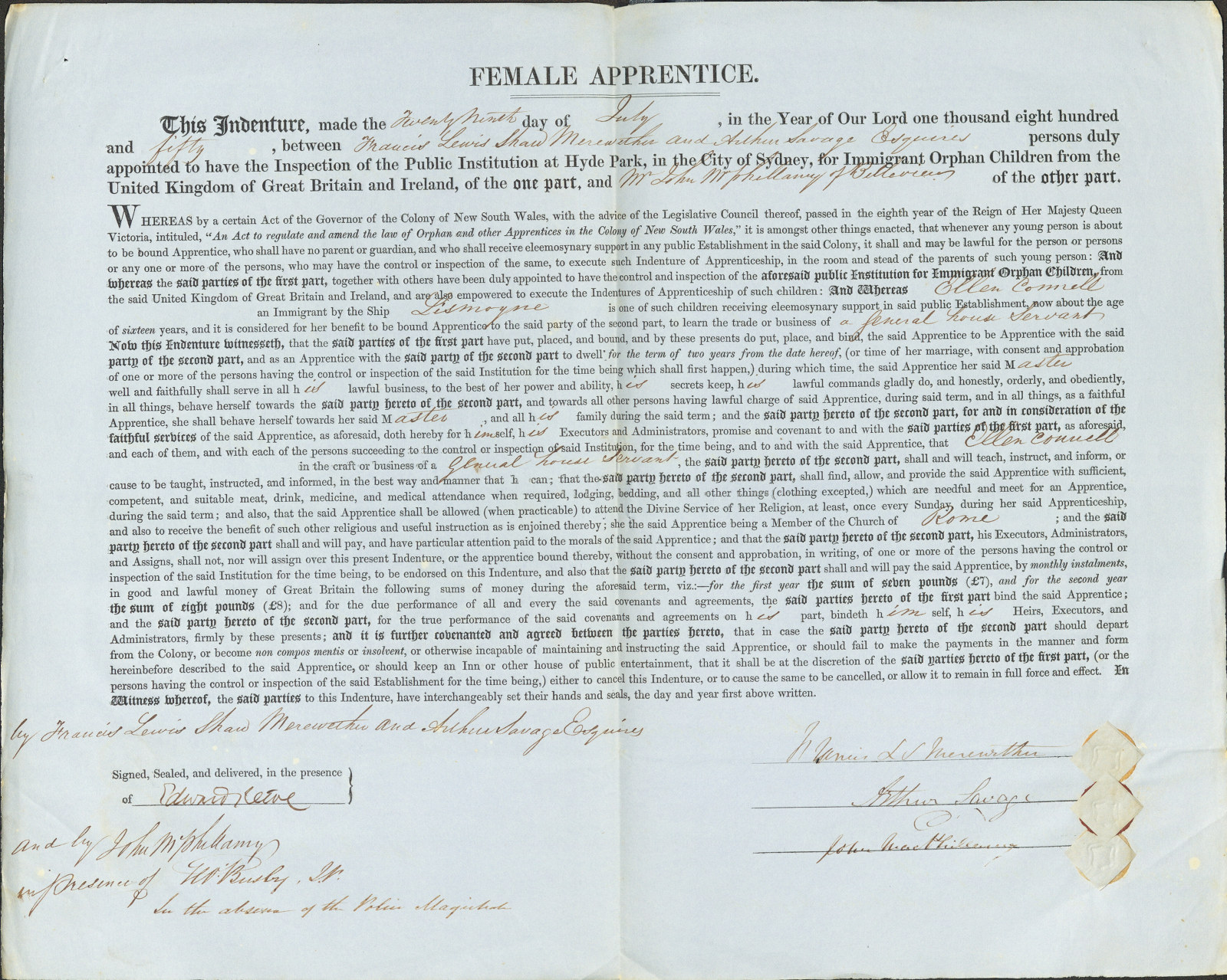Female apprentice indenture for Ellen Connell, 29 July 1850