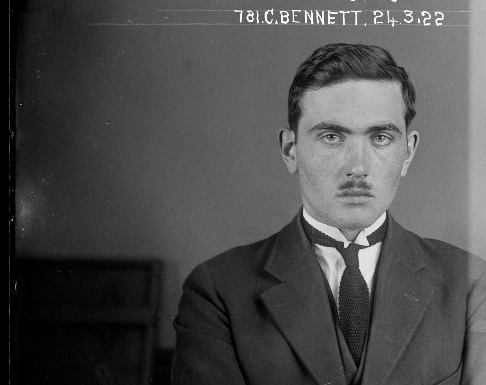 Cameron McIntosh Bean (alias Clifford Bennett), Special photograph number 781, 24 March 1922, possibly Central Police Station, Sydney 