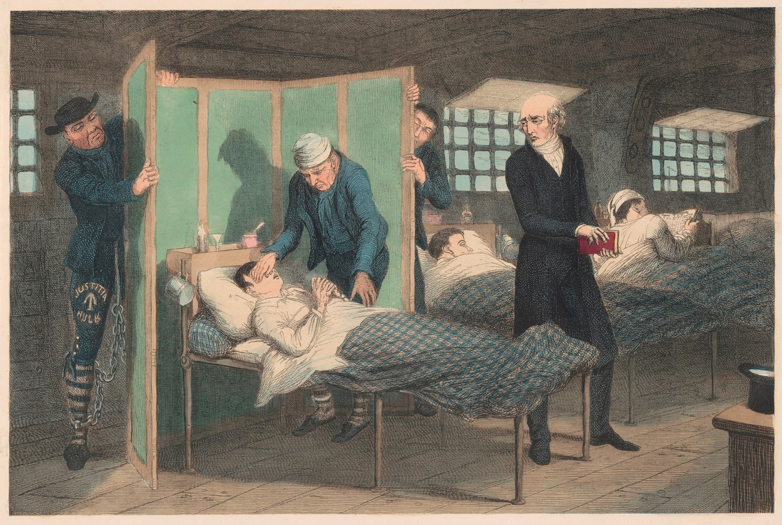 Hand coloured engraving of various convicts within wooden cabin