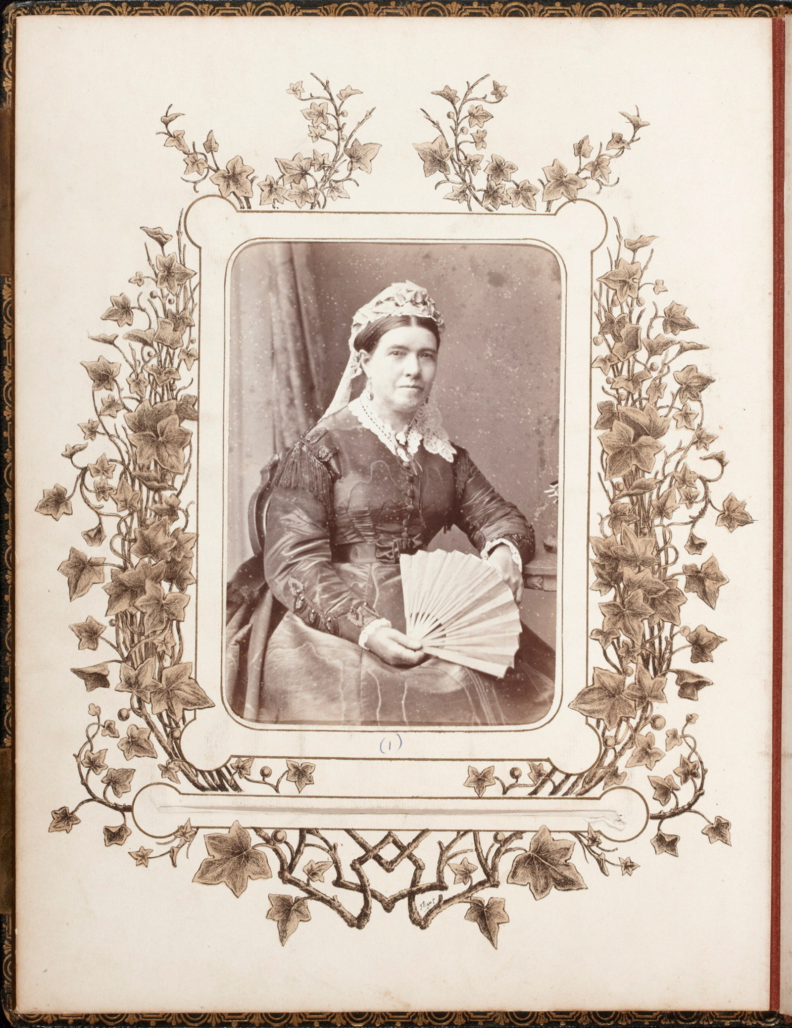 Cabinet card in photograph album, round cornered sepia toned portrait of Hannah Rouse