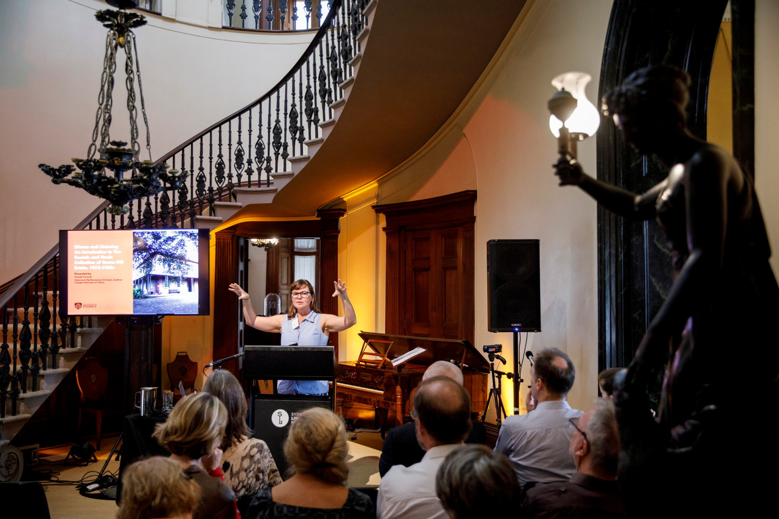 Nicole Forsyth, Historical Performance Division, Sydney Conservatorium of Music, University of Sydney, speaking at symposium 'Sound Heritage Sydney: Making Music in Historic Places', Elizabeth Bay House