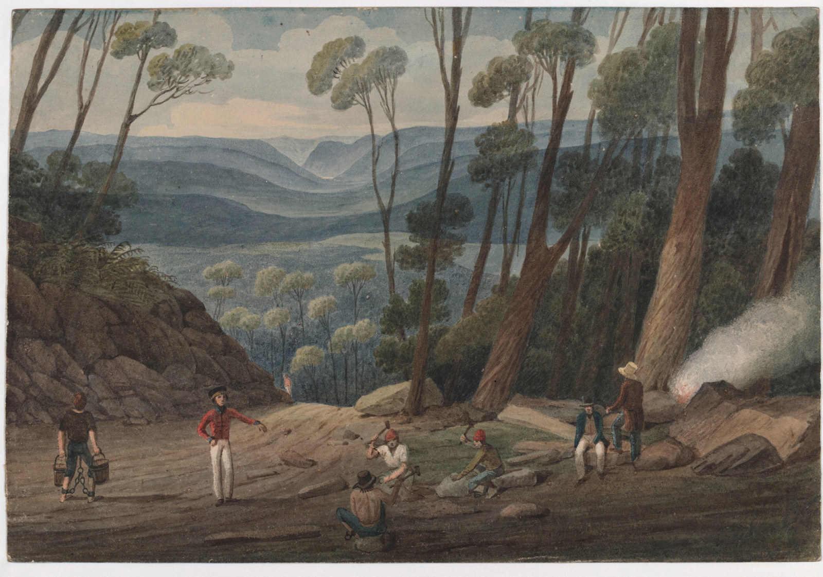Dark toned painting of men working in foreground with view of mountains and valleys in distance.