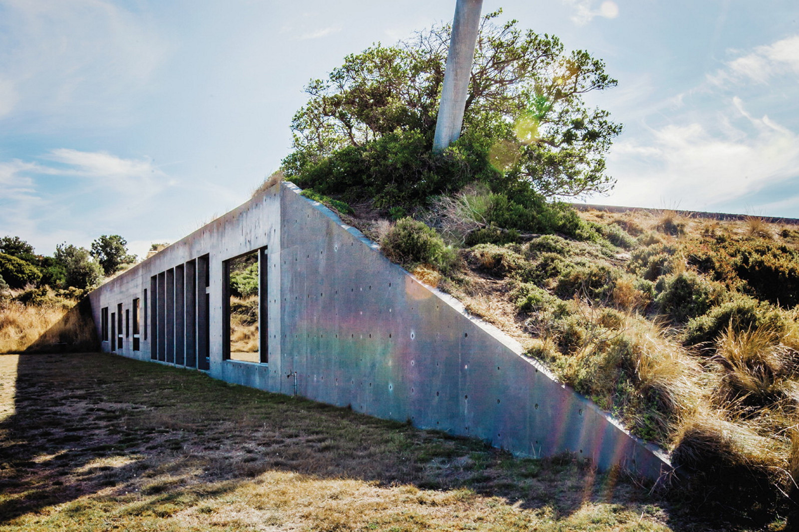 This is a photograph of the front exterior of the house, with concrete walls and large glass windows facing out. The house disappears into a sand dune and has native grasses growing on the roof