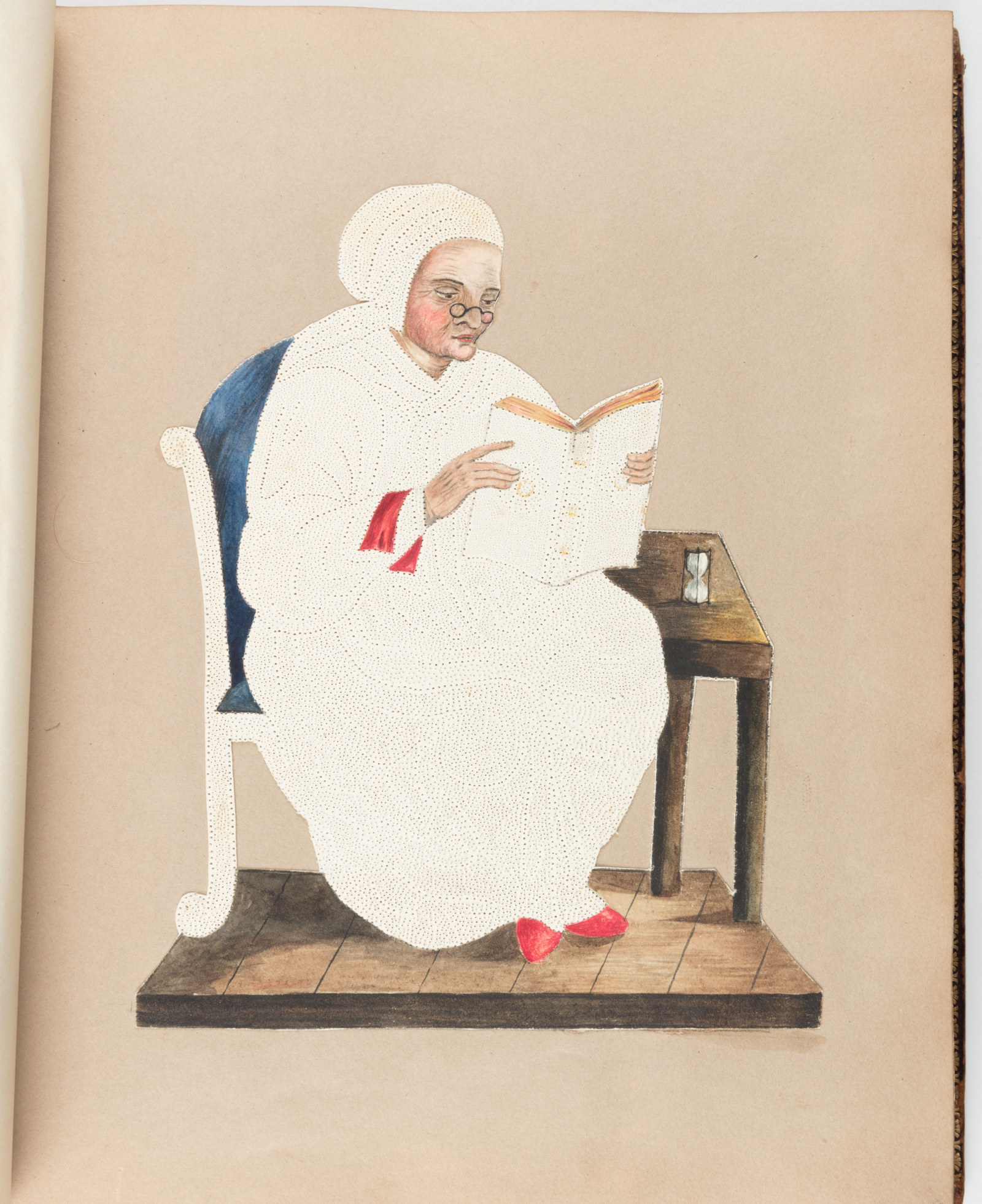 Illustration of an old woman reading a book