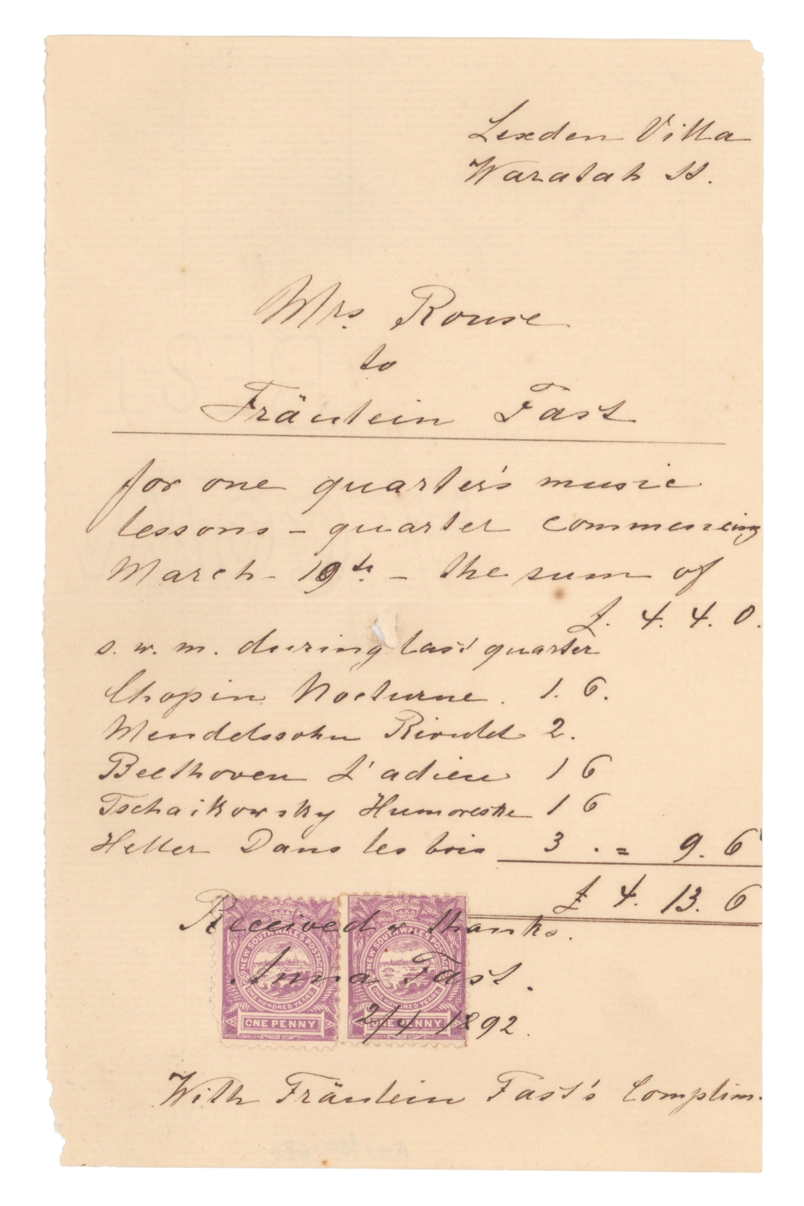 Handwritten receipt with red stamp imprint at bottom.