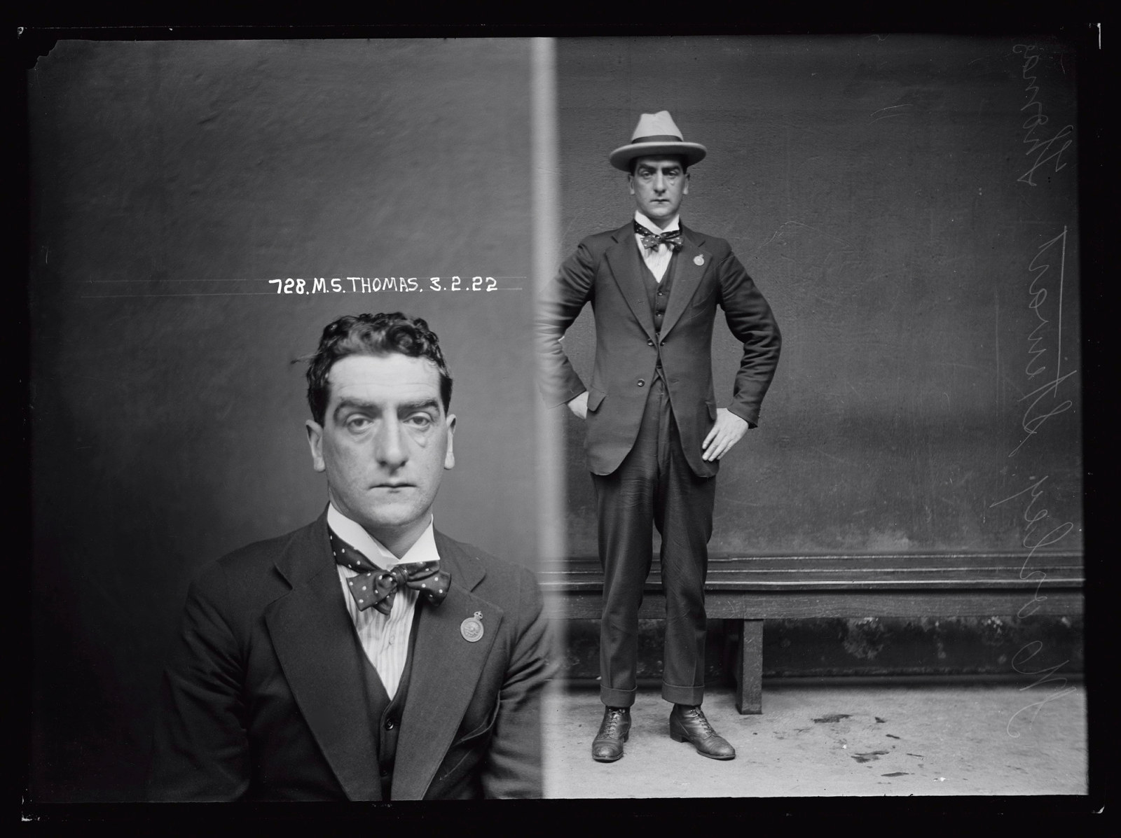 Dual black and white mugshot; man seated, left and standing with hat on, right.