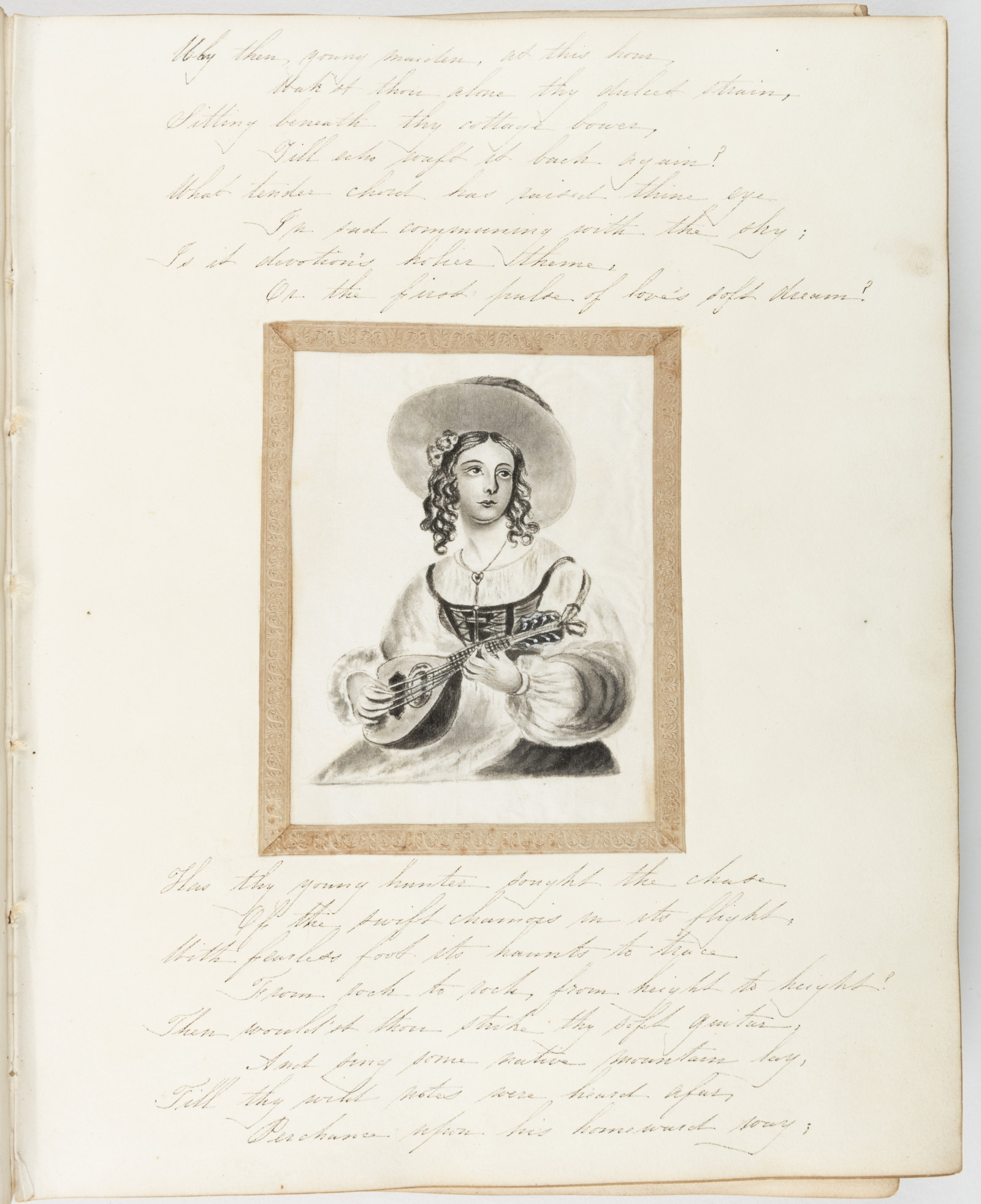 Drawing of a women playing a small guitar on a page surrounded by handwriting