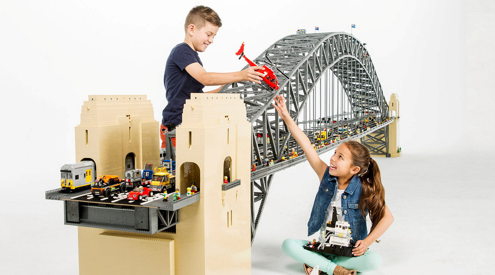 Children with items from Sydney Harbour with LEGOÂ® Bricks exhibition