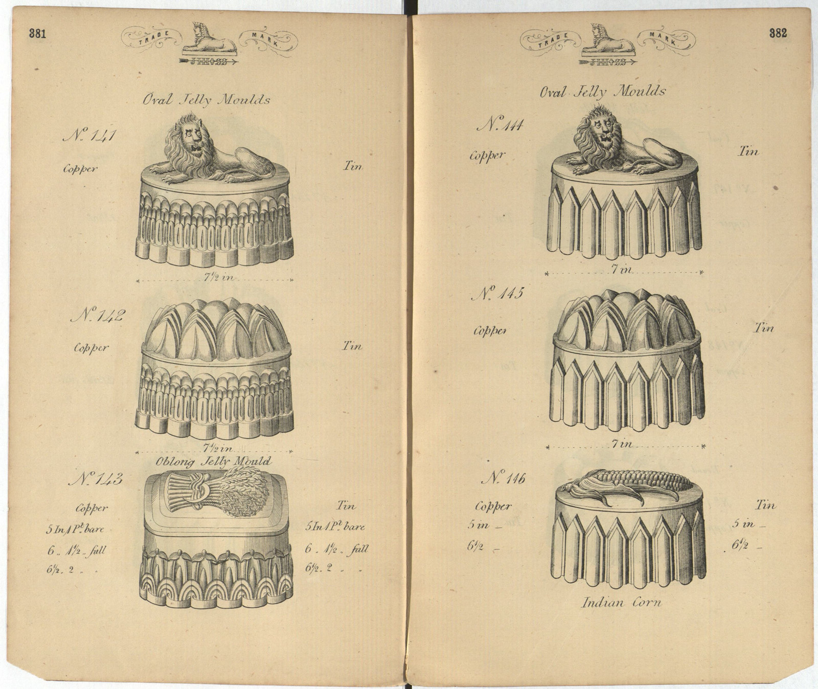 Page from book showing six different jelly mould shapes.