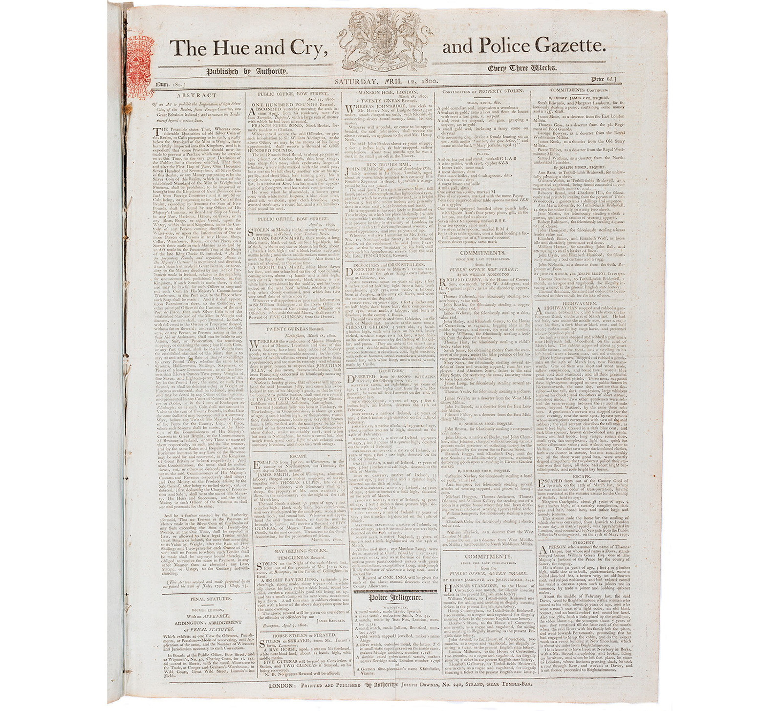 Front page of 'The Hue and Cry, and Police Gazette', Saturday 12 April 1800
