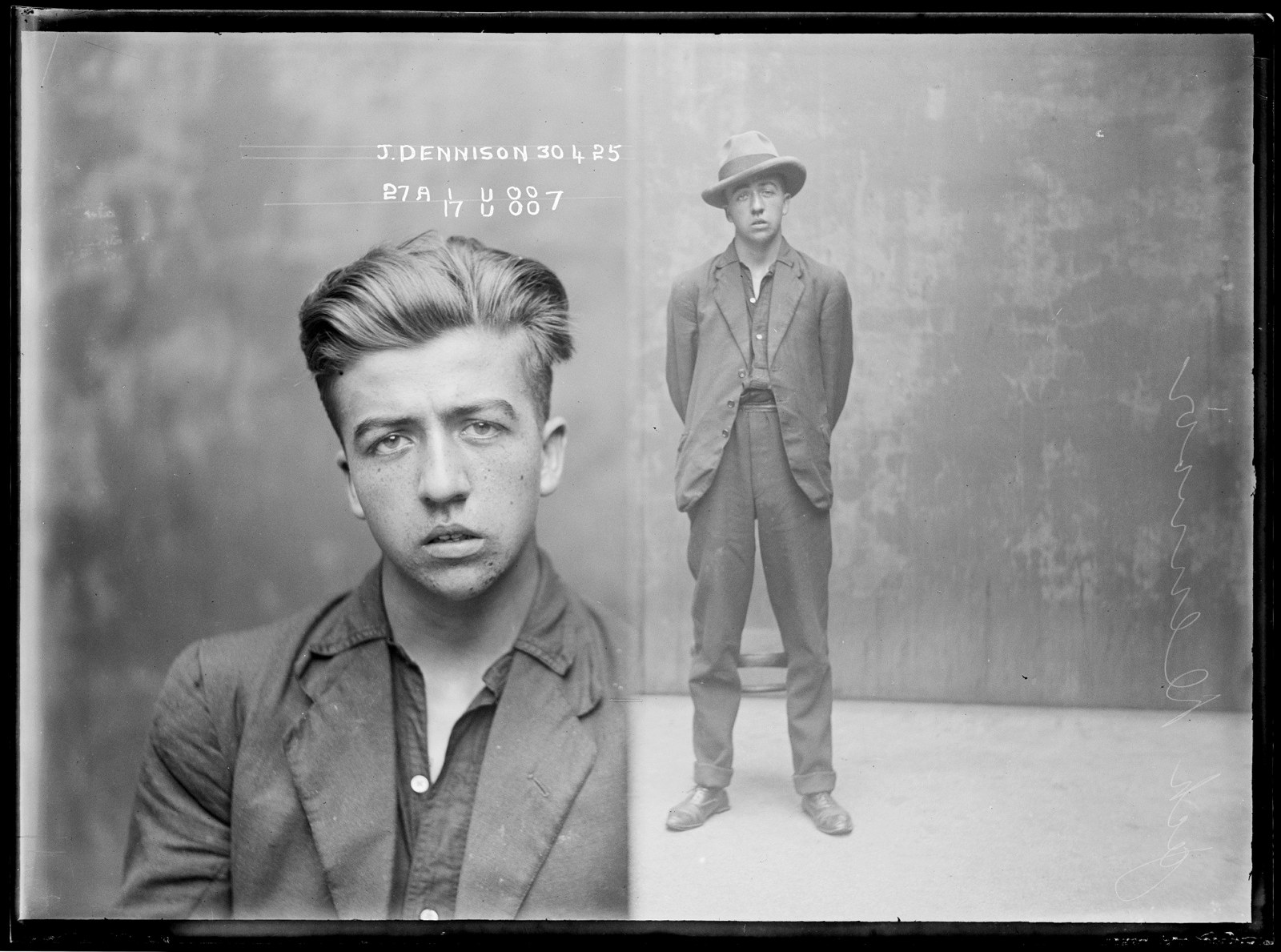 Jack Dennison, special photograph number 27a, 30th April 1925, probably Central Police Station, Sydney
