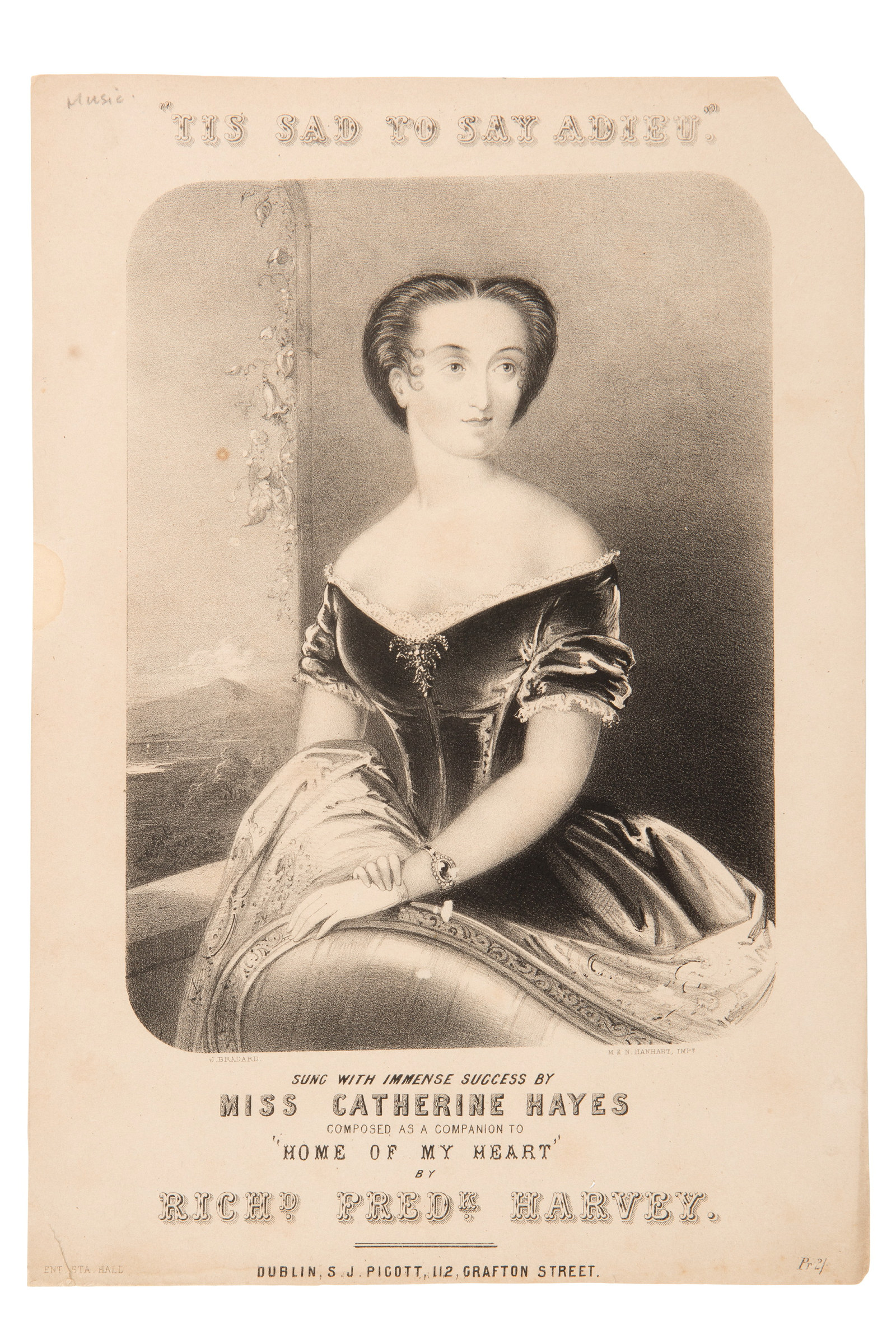 Illustrated portrait of woman with hair up in bun, wearing dark dress - framed by title of sheet music and publishing details.