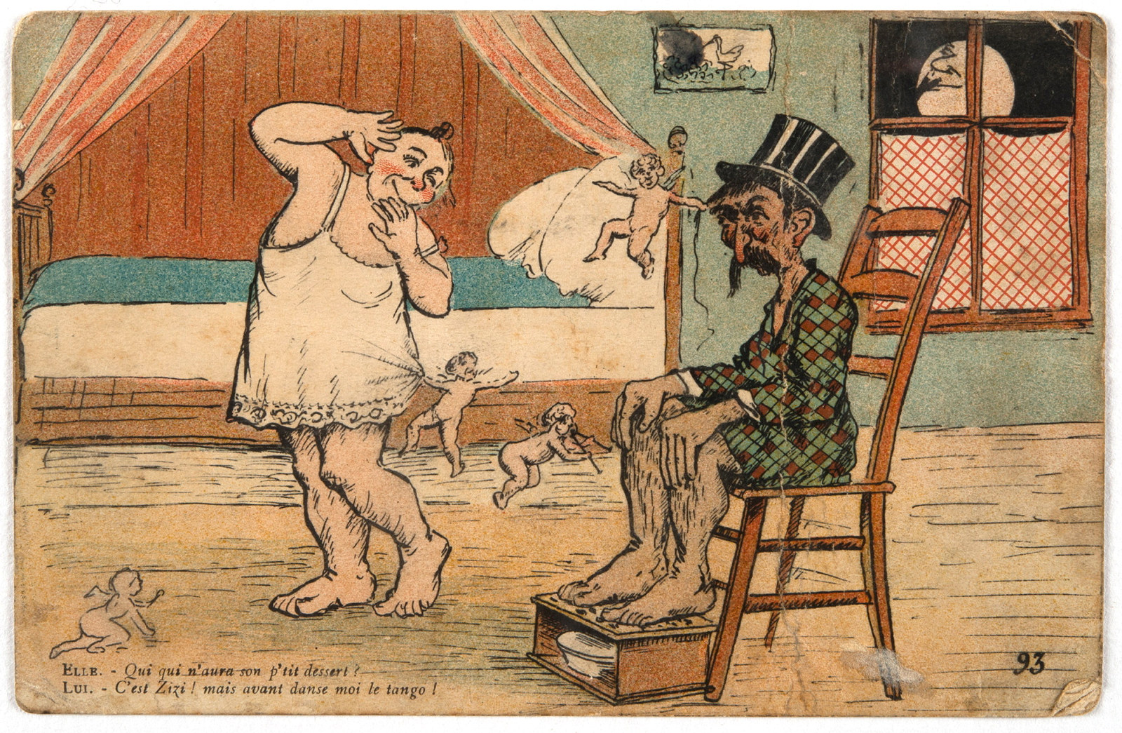 Colour postcard featuring a caricature illustration of a woman dressed in a nightgown alongside a man seated in a chair, from an album compiled by Mary (Girlie) Andersen, circa 1900 - 1940s