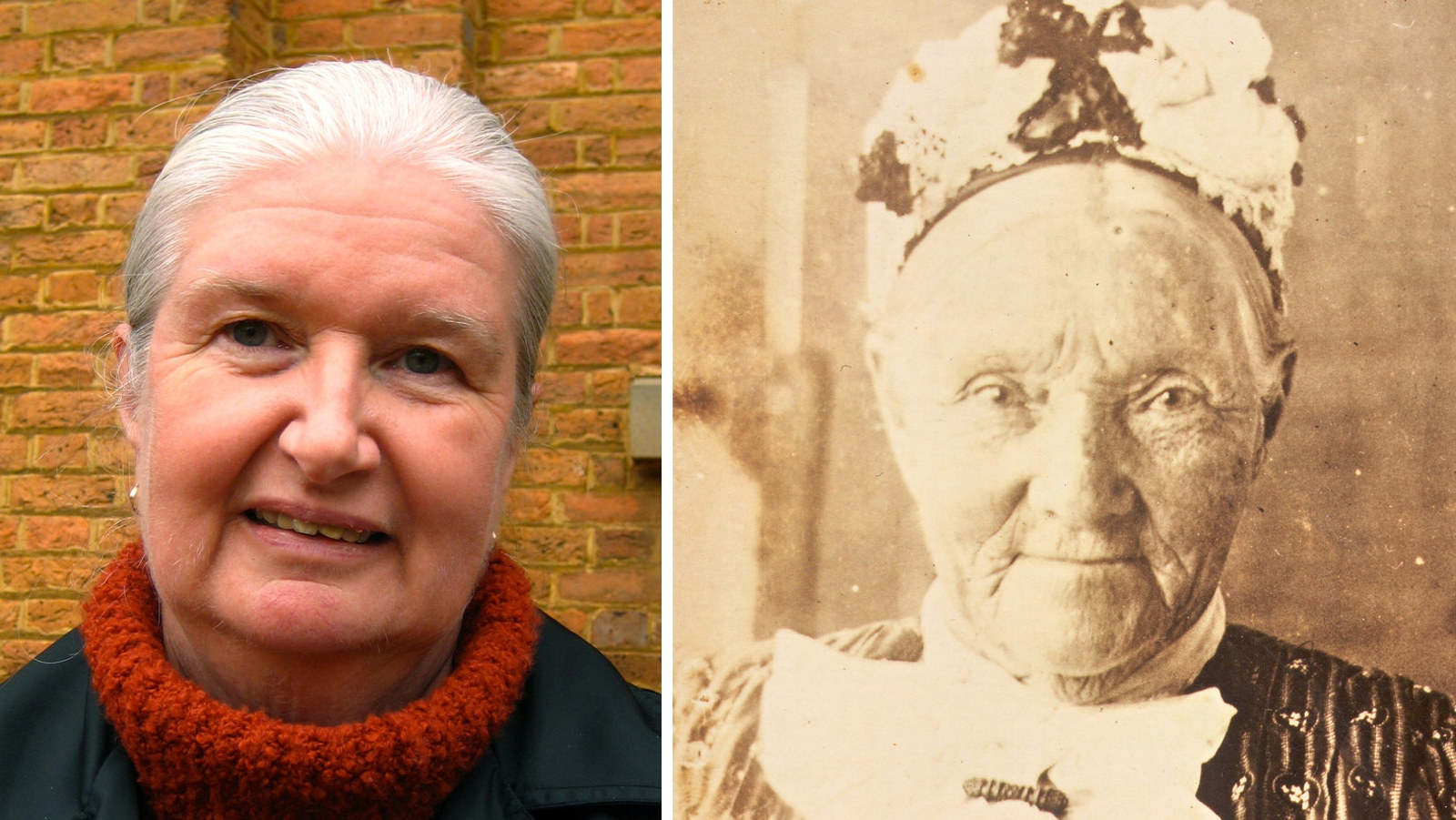 Combined photo portrait featuring contemporary image of woman and historic photo of an older woman wearing a floral decorated hat and lace collar.
