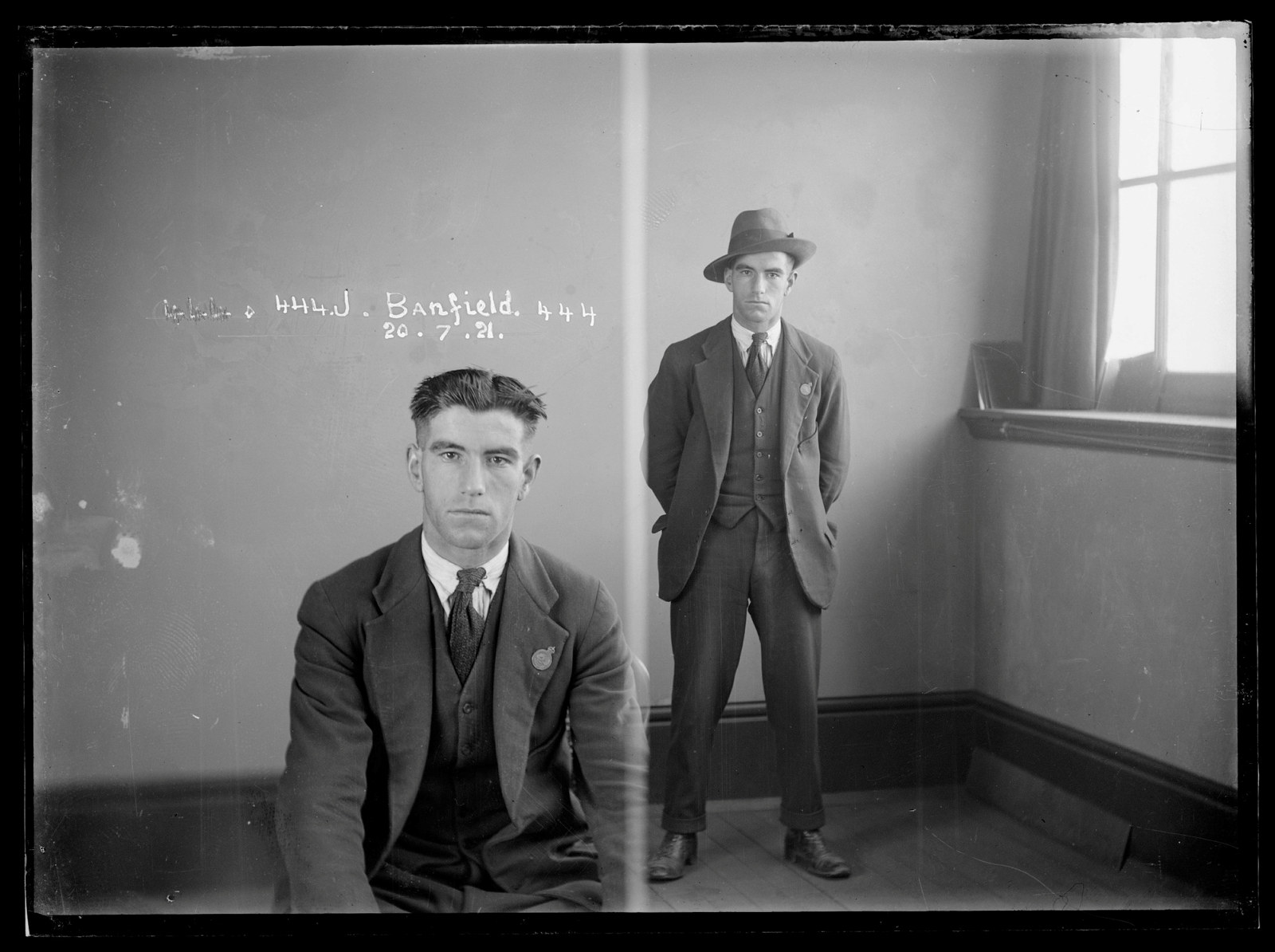 Two photos side by side, first showing seated man, second showing man standing, with hat on.