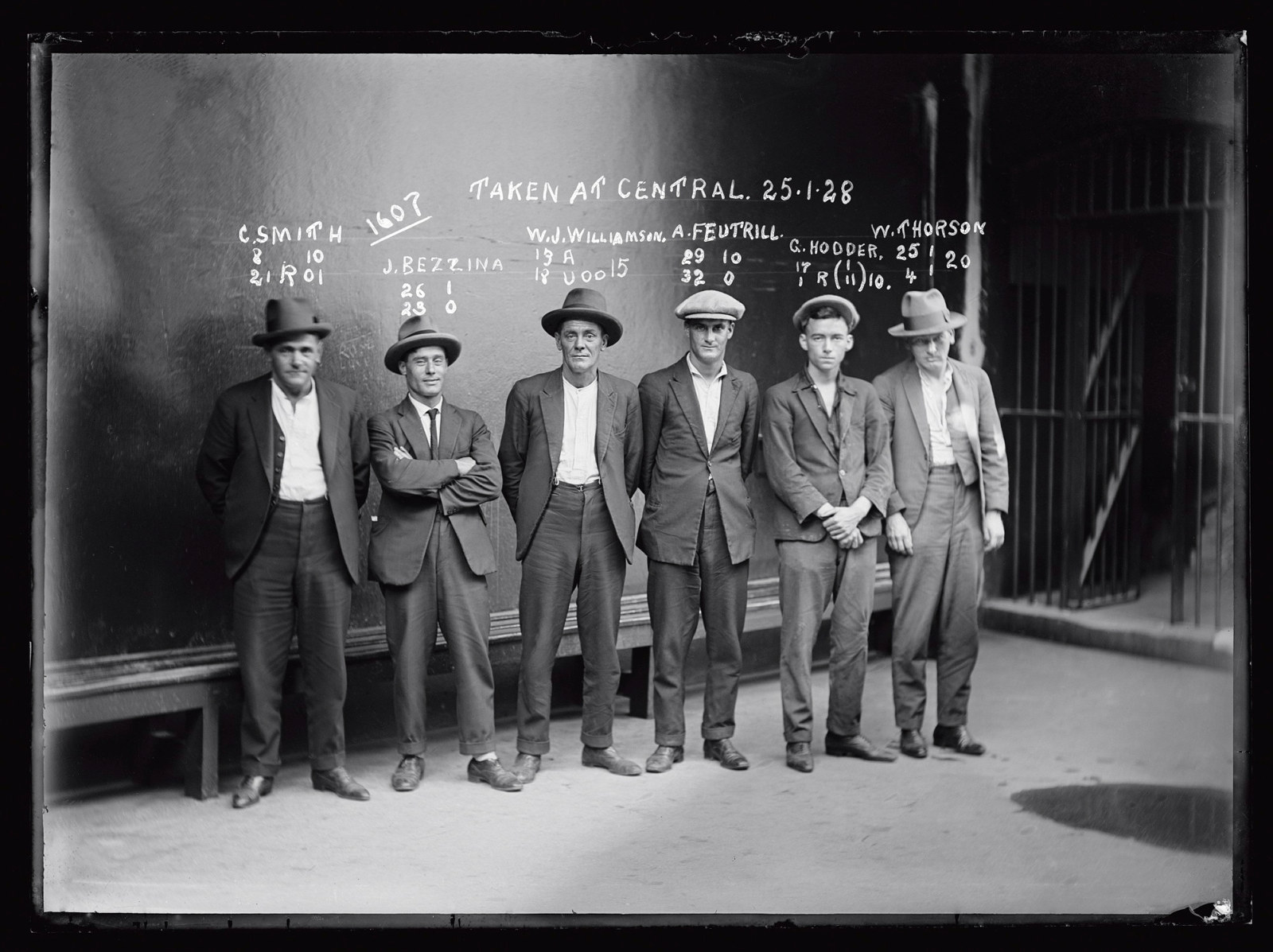 C Smith, J Bezzina, W J Williamson, A Feutrill, G Hodder and W Thorson, Special Photograph number 1607, 25 January 1928, Central Police Station, Sydney