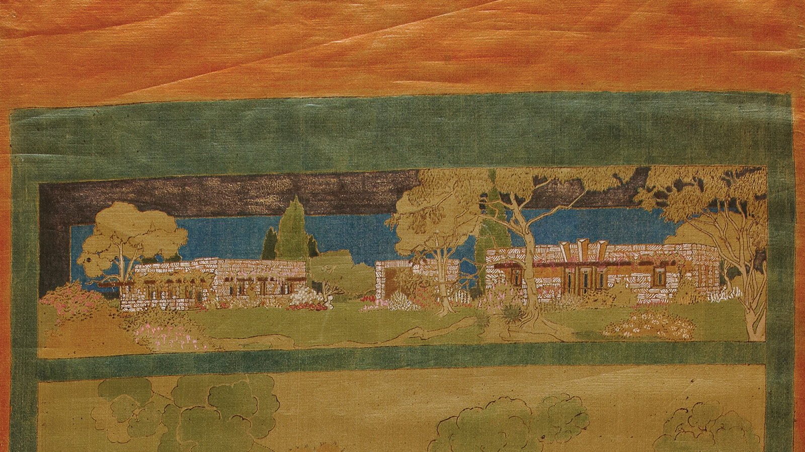 Painted scene of houses.