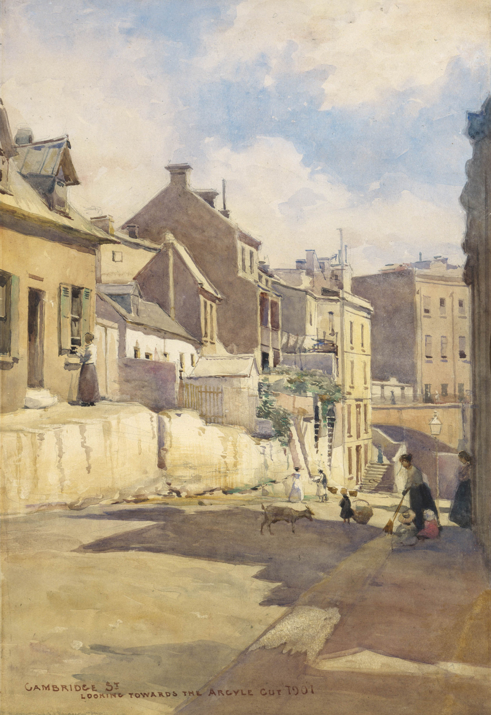 Painting of street scene. A lady, children and a goat gather in a street carved out of the sandstone with a mix of small houses above.