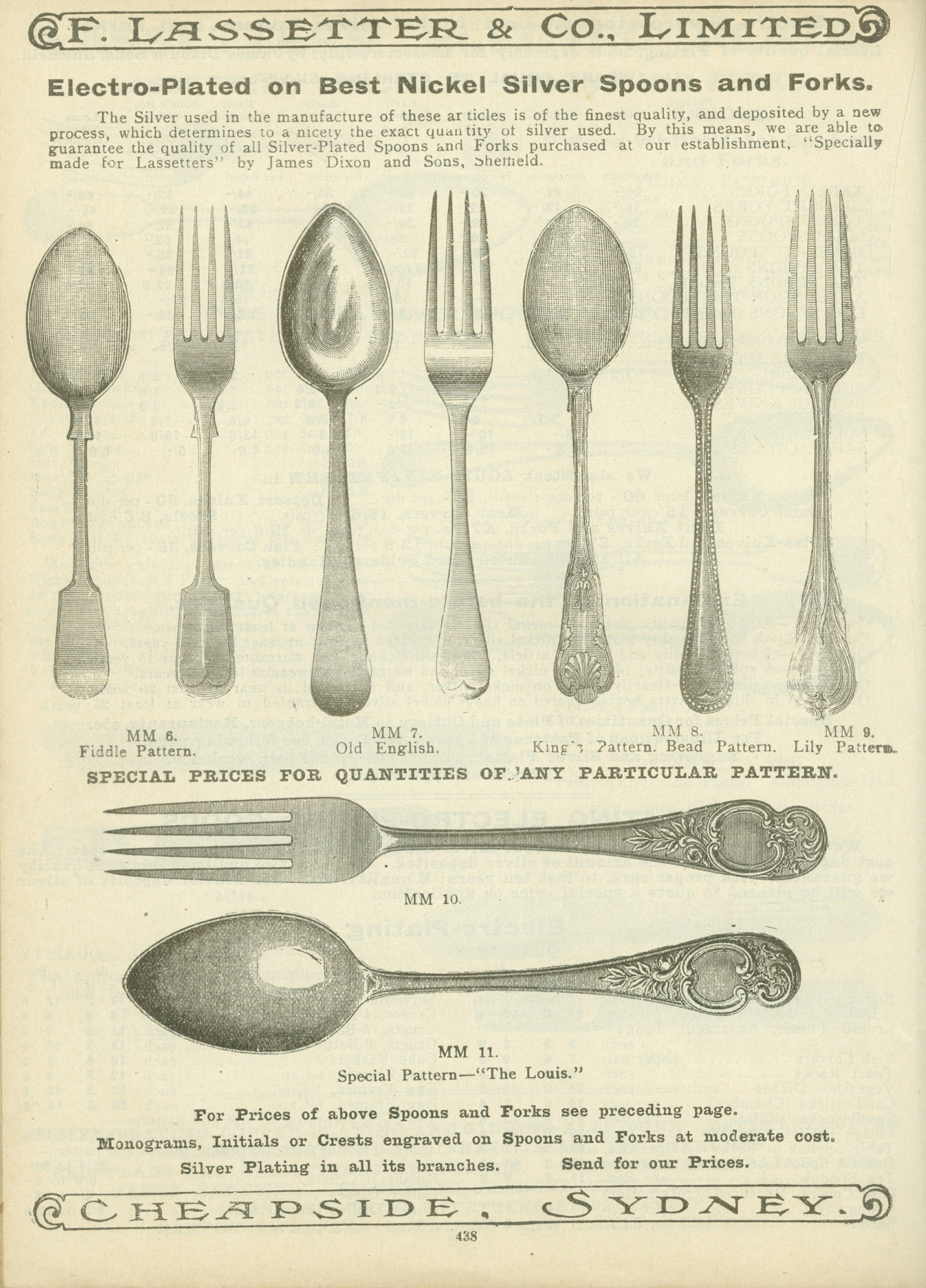 Page from catalogue, with illustrations of spoons and forks.
