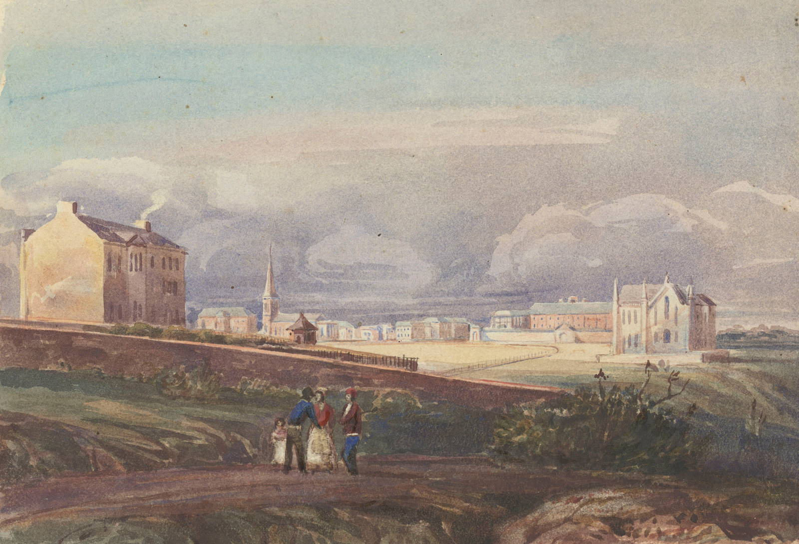 Watercolour drawing of group of people walking on path through grassy paddock in colonial Sydney with buildings in the background and rocks and shrubs in foreground.