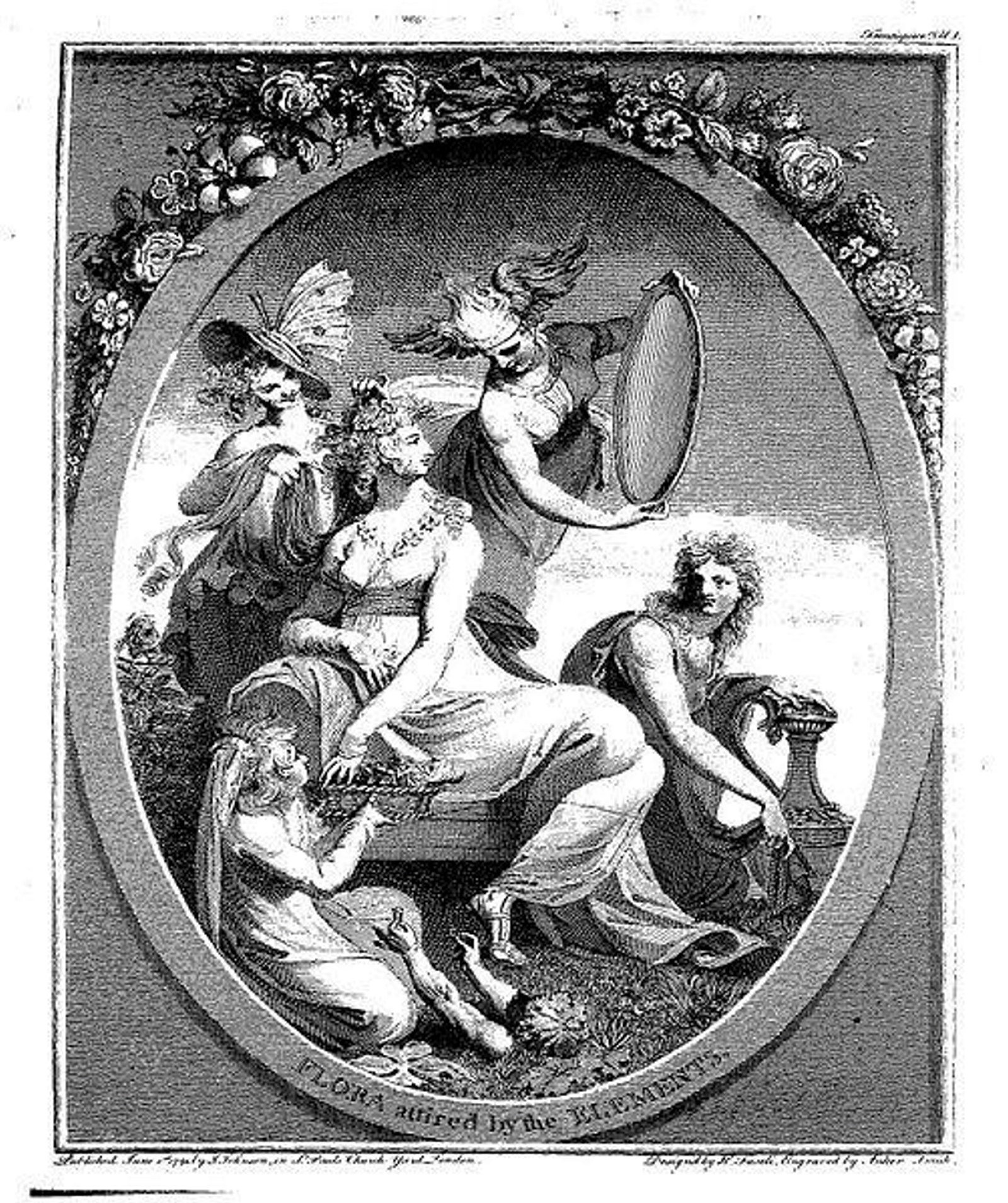 black and white photographic reproduction of an engraving showing women and flora