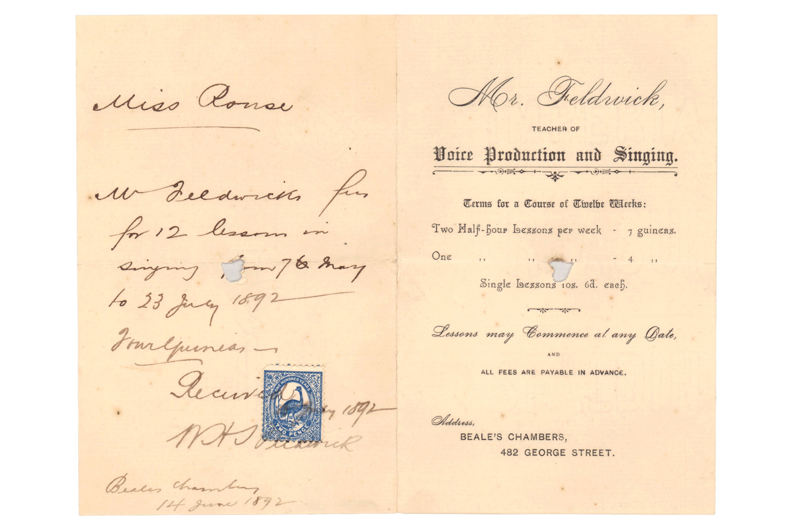Handwritten receipt with blue stamp imprint.