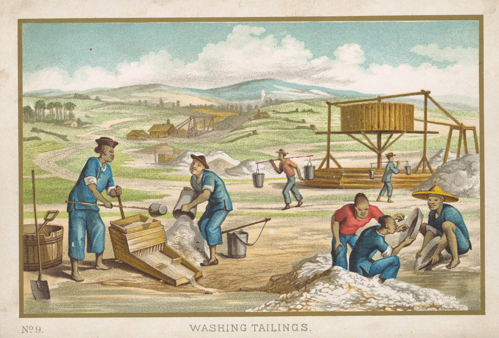Illustration of goldfields with figures dressed in Chinese-style clothing working.