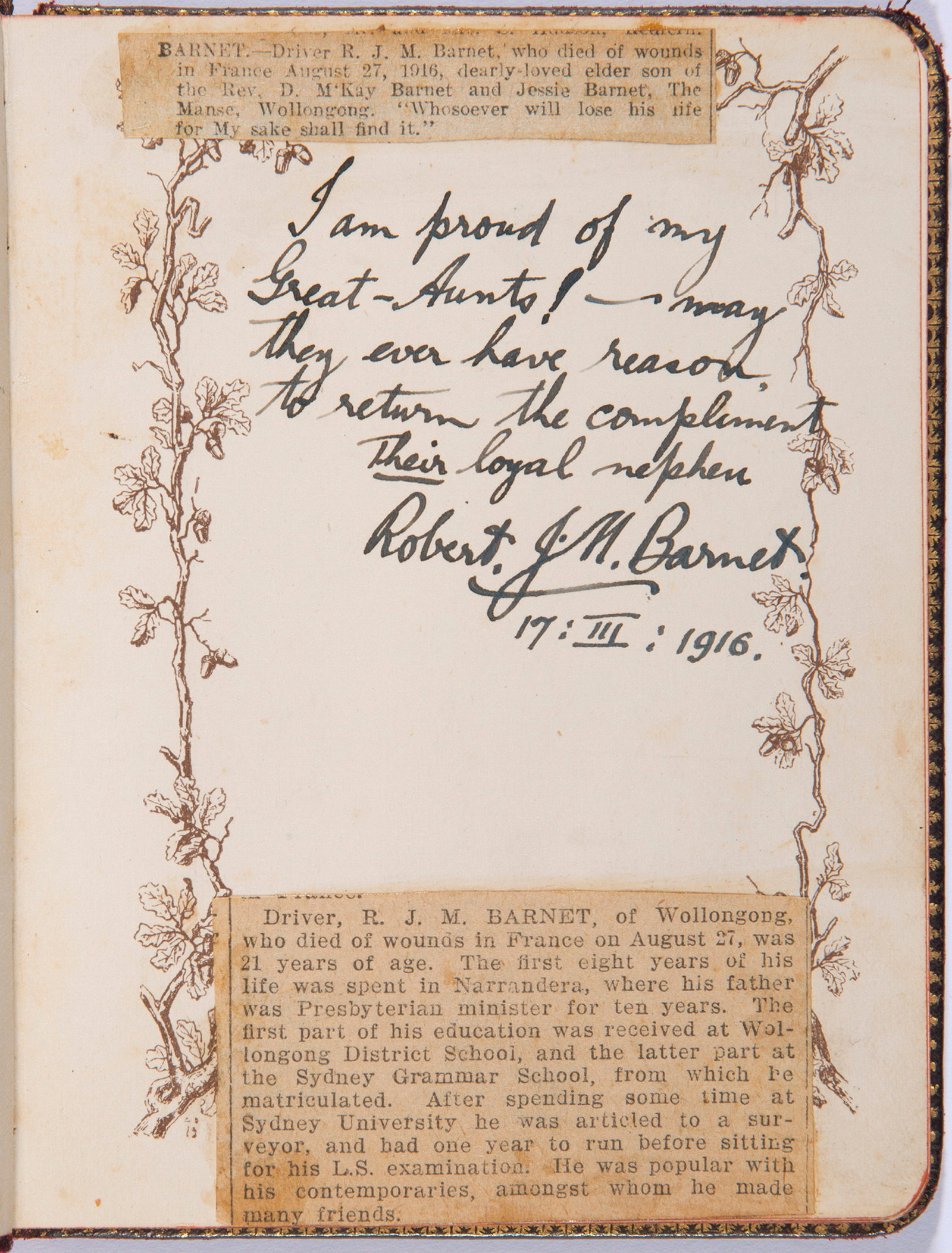 Page inscribed by Robert James Macgregor Barnet from leather bound guest book: Our Guests, used between 1912-1923