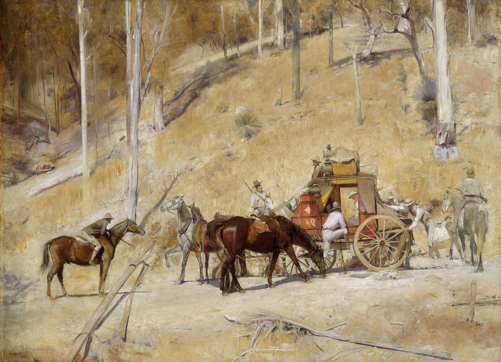 Bushrangers surrounding a coach, painting by Tom Roberts
