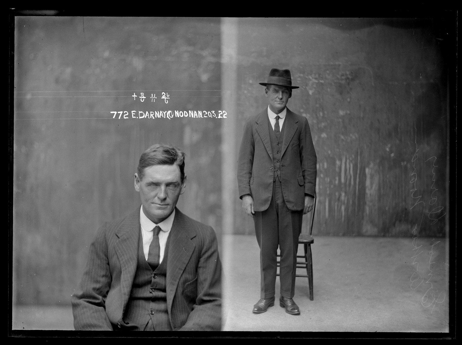 Two photos side by side; man seated and man standing, with hat on.